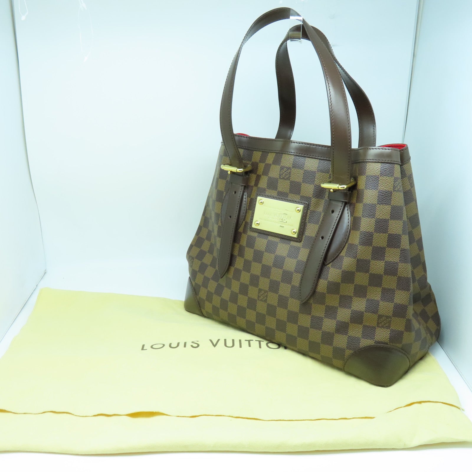 LOUIS VUITTON Damier Hampstead MM金扣手挽袋棕色/红色