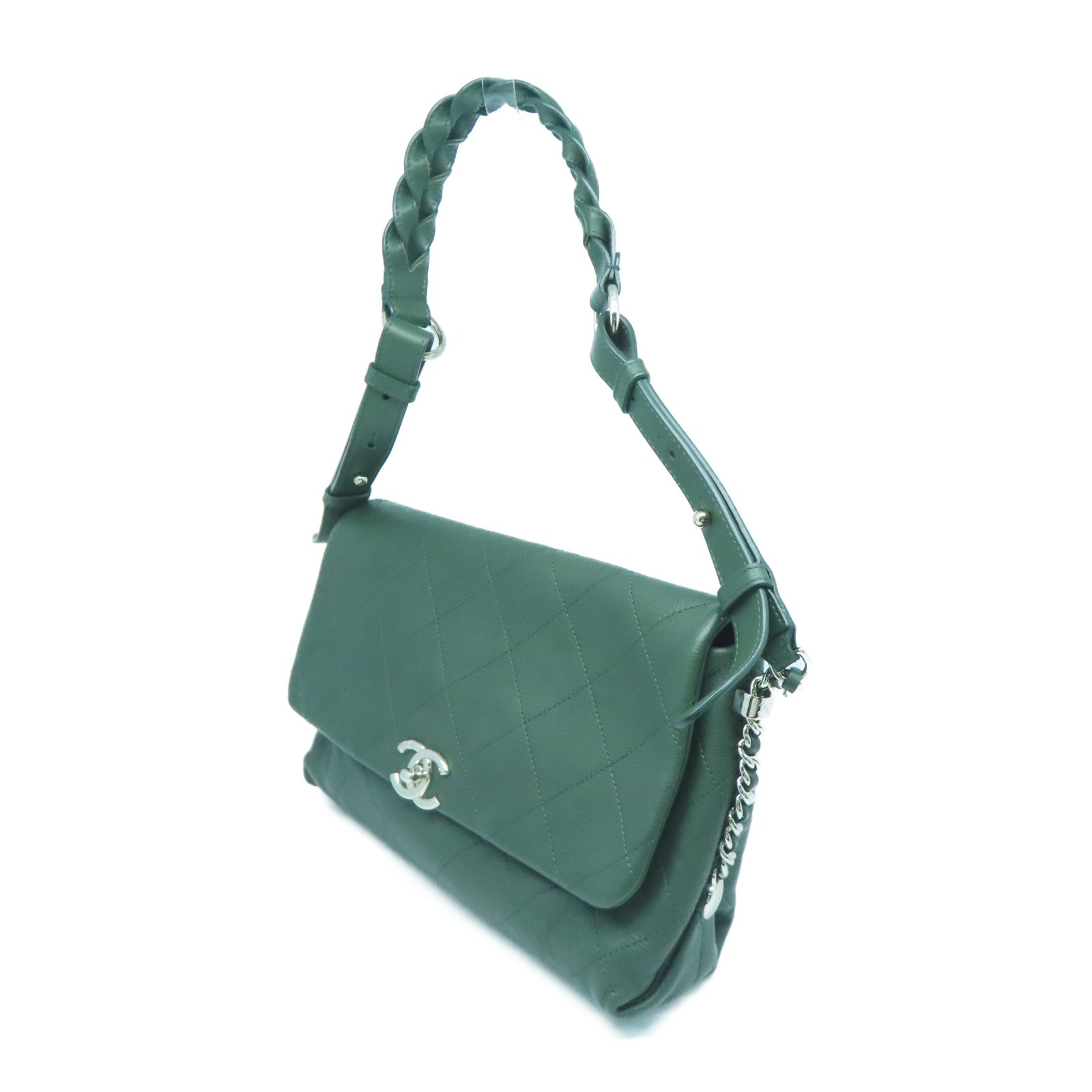 CHANEL 菱格牛皮皮革Shoulder Bag银扣肩背袋绿色