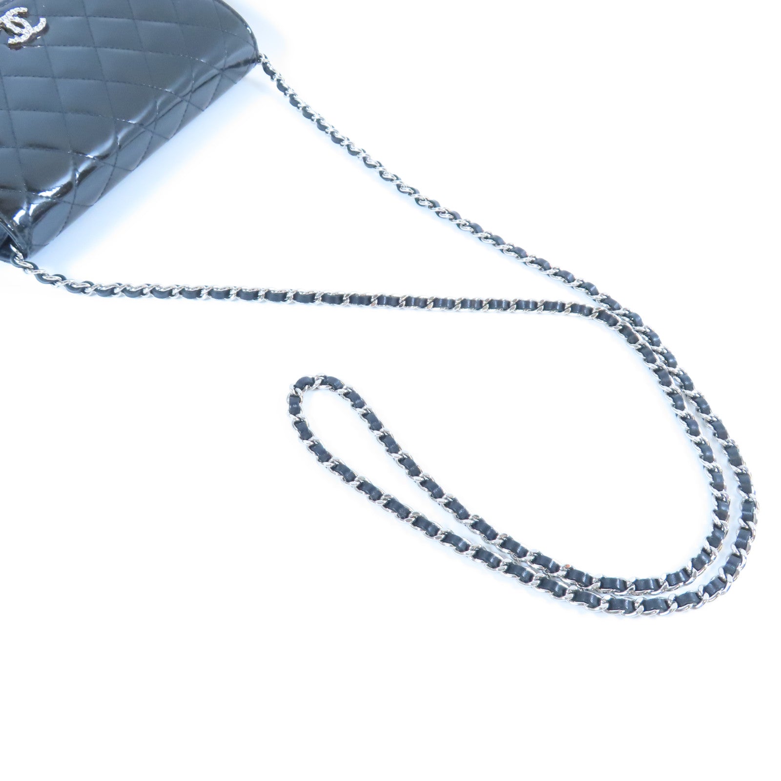 CHANEL 菱格漆皮皮革Wallet On Chain銀扣鏈帶肩背袋黑色