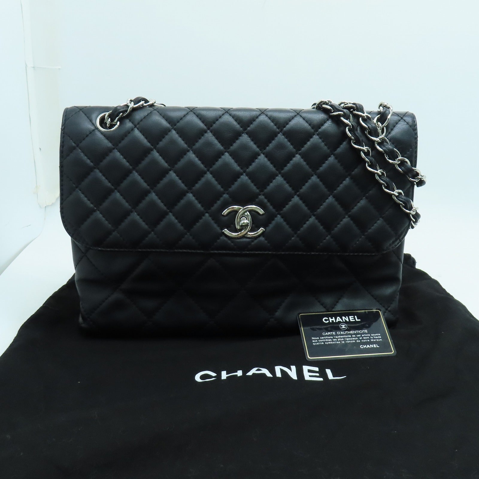 CHANEL 菱格羊皮皮革Shoulder Bag银扣链带手挽肩背两用袋黑色