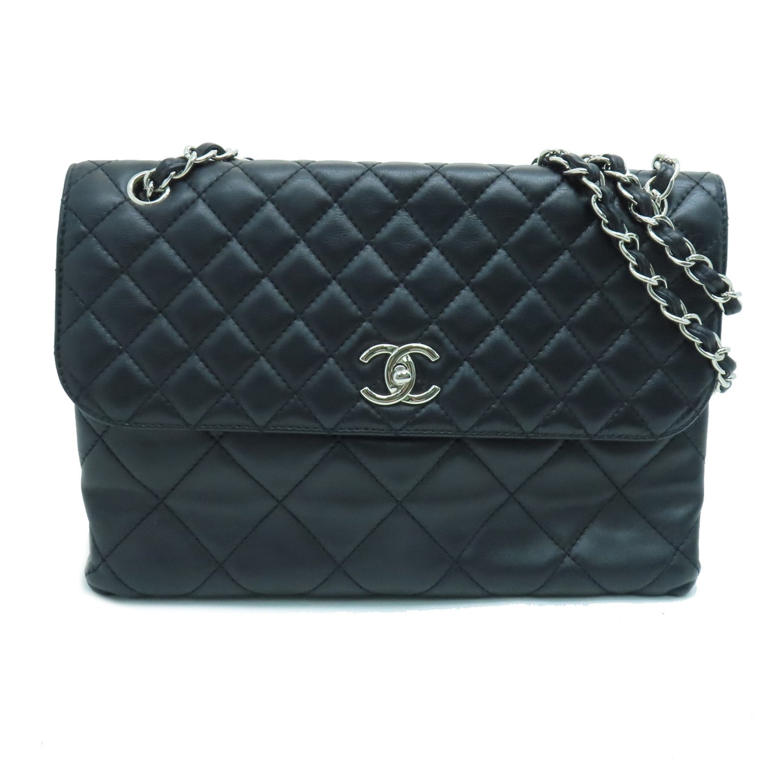 CHANEL 菱格羊皮皮革Shoulder Bag银扣链带手挽肩背两用袋黑色