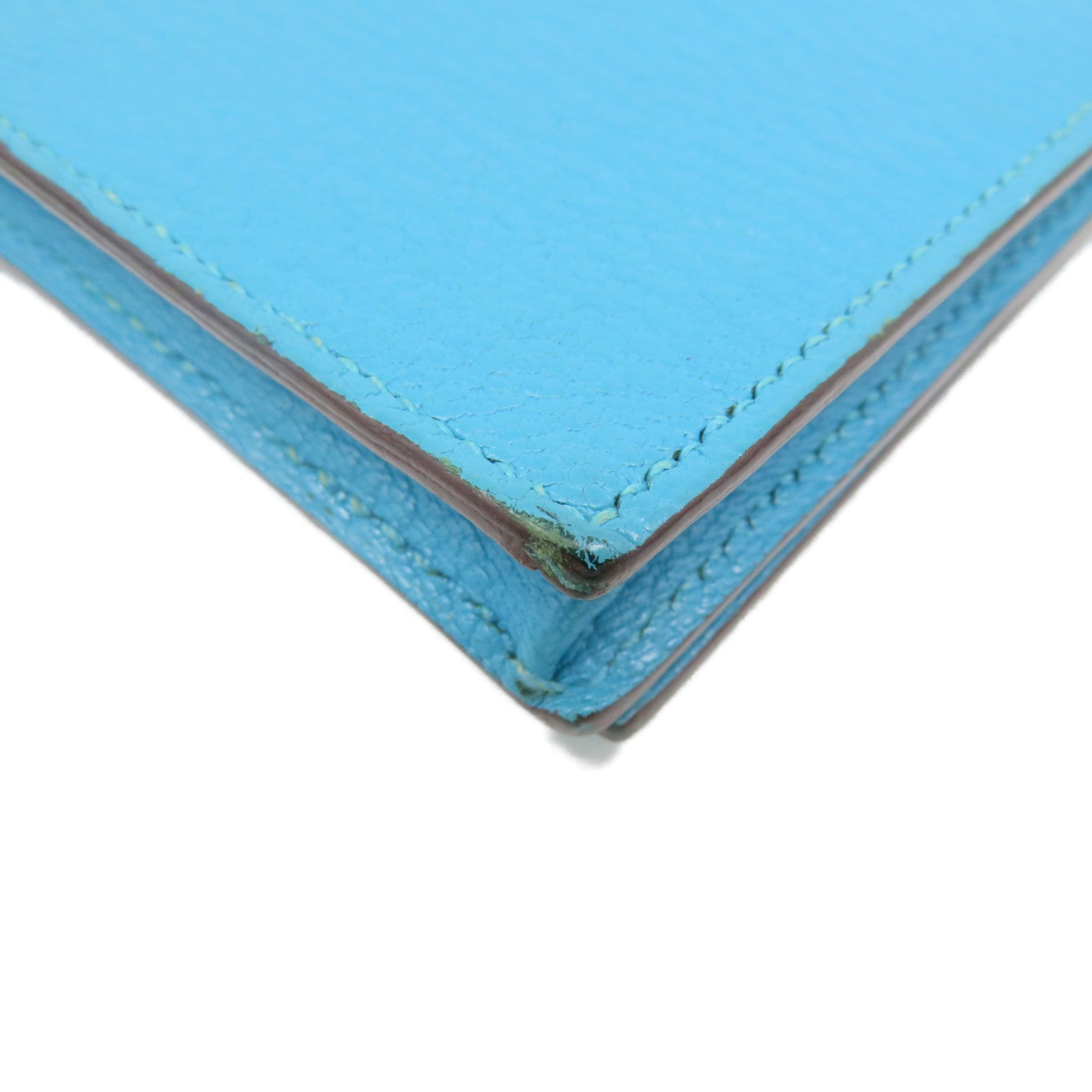 HERMES 【激減優惠】Chevre皮革Bearn Wallet銀扣長錢包Turquoise藍色