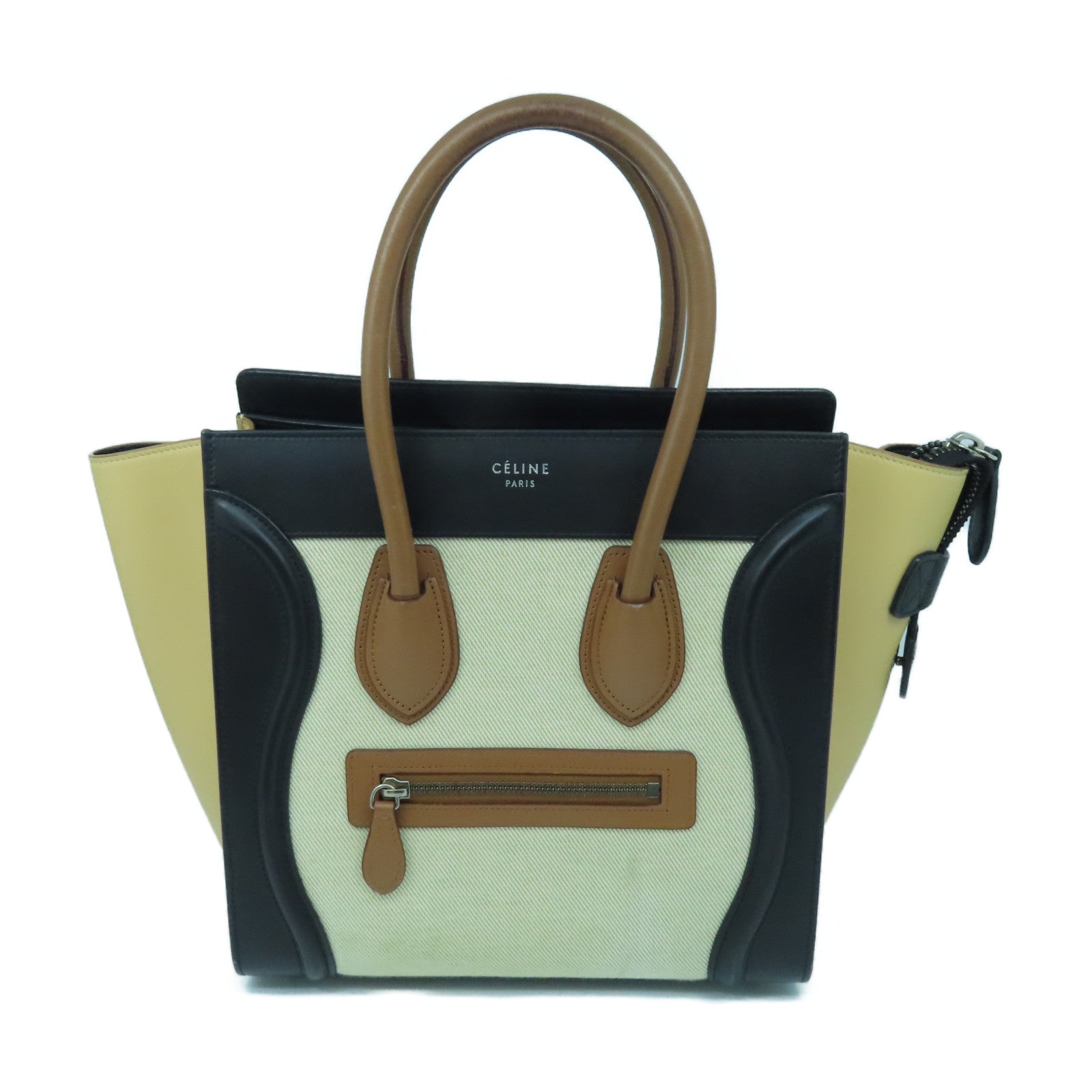 CELINE 牛皮皮革Micro Luggage銀扣手挽袋米色/黑色/啡色