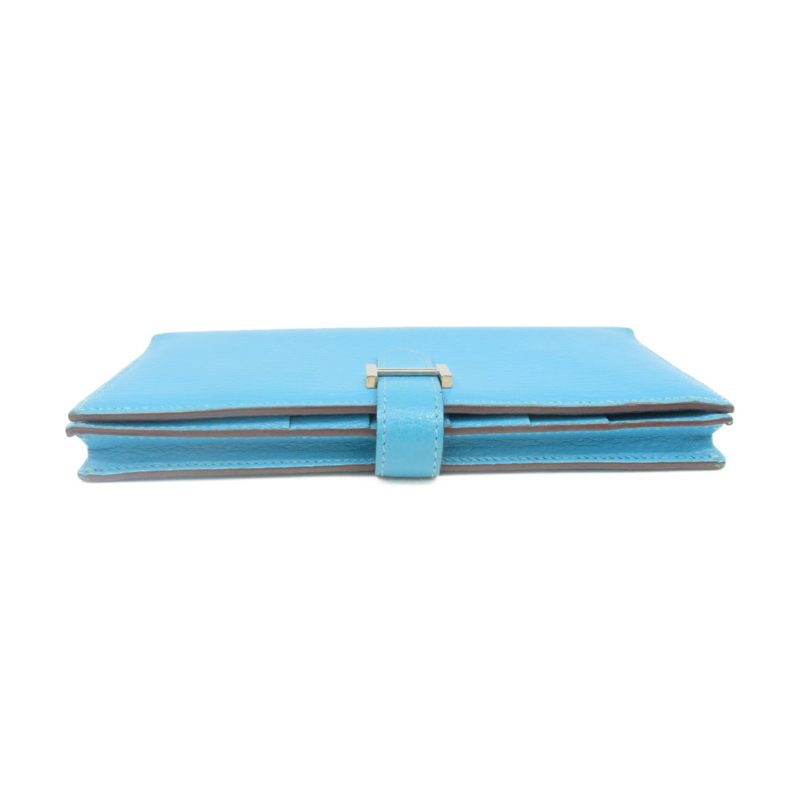 HERMES 【激減優惠】Chevre皮革Bearn Wallet銀扣長錢包Turquoise藍色