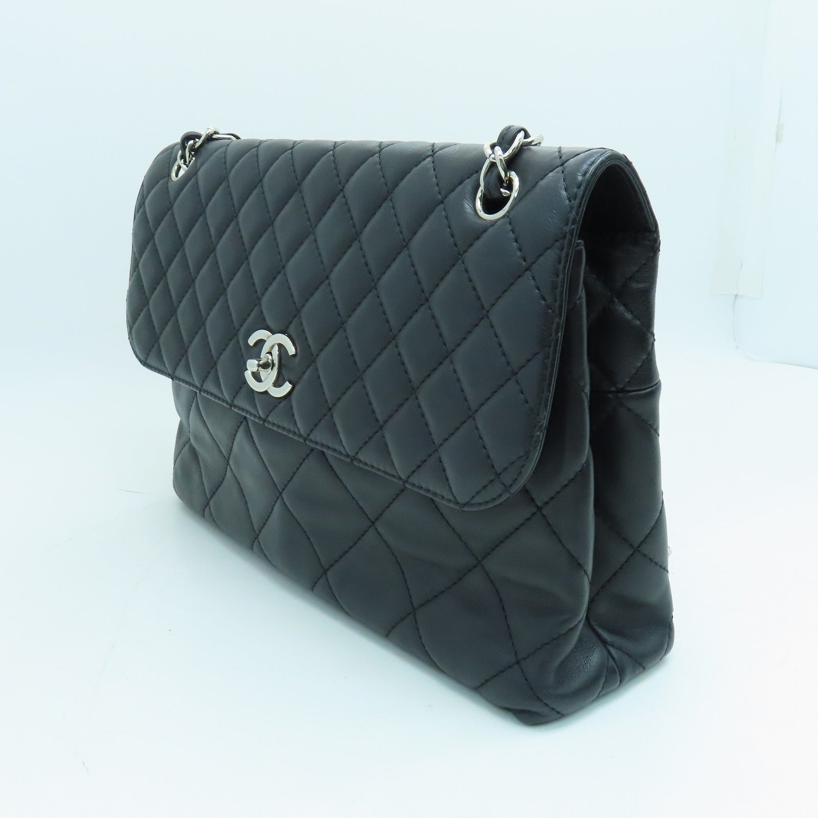 CHANEL 菱格羊皮皮革Shoulder Bag银扣链带手挽肩背两用袋黑色