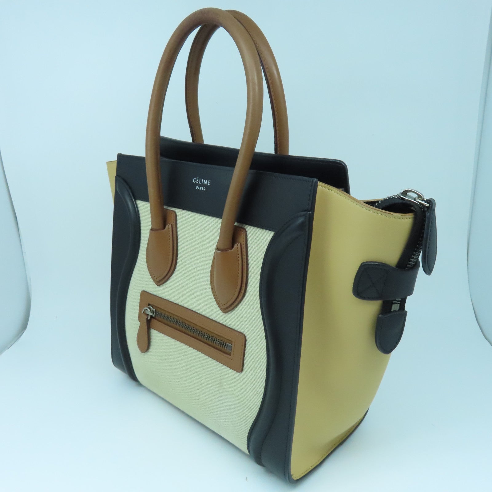 CELINE 牛皮皮革Micro Luggage銀扣手挽袋米色/黑色/啡色