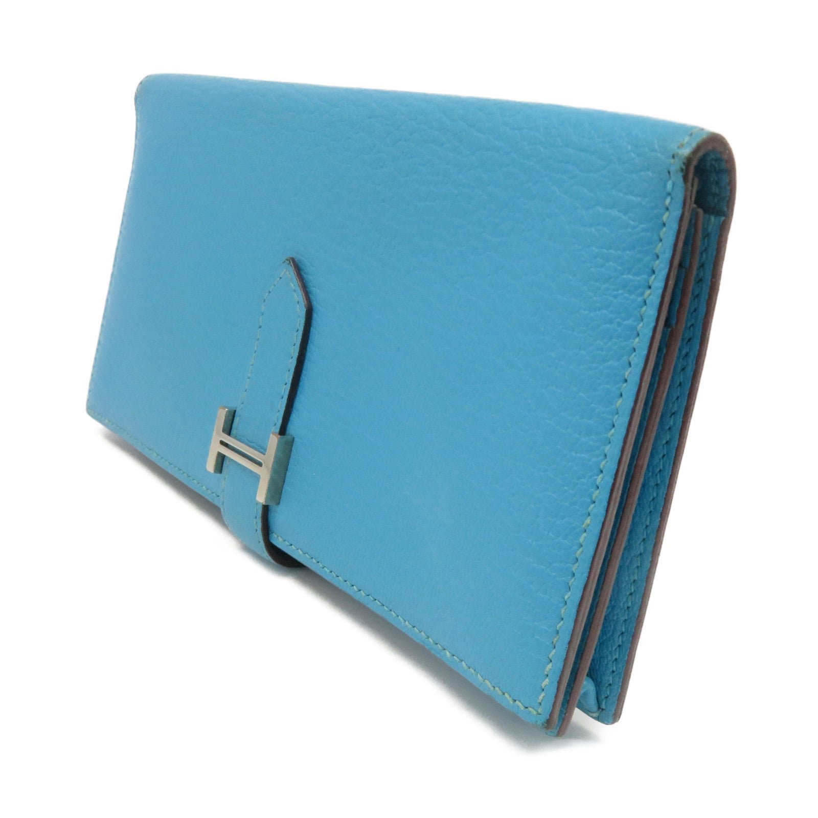 HERMES 【激減優惠】Chevre皮革Bearn Wallet銀扣長錢包Turquoise藍色