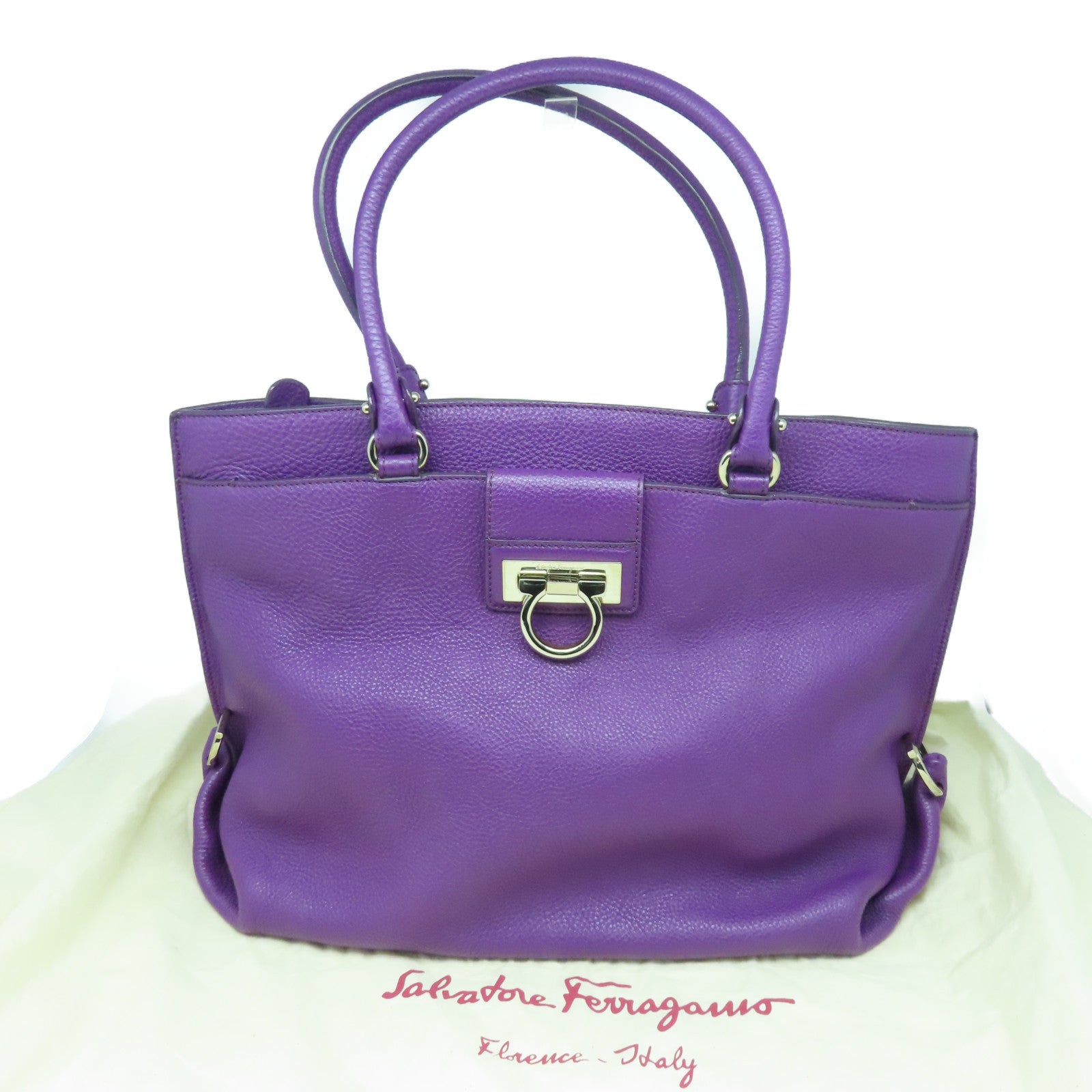 Salvatore Ferragamo cowhide leather Tote Bag silver buckle handle bag purple