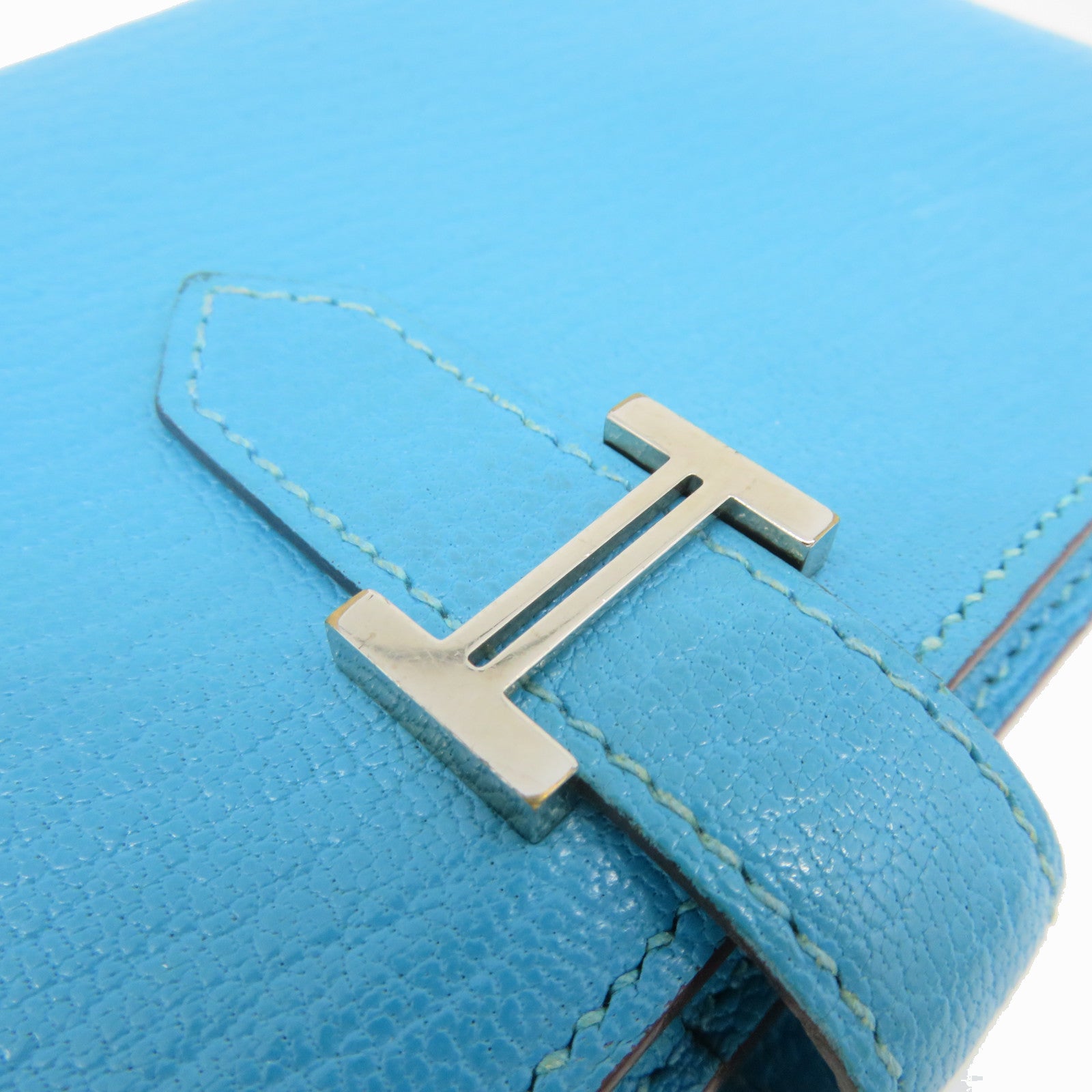 HERMES 【激減優惠】Chevre皮革Bearn Wallet銀扣長錢包Turquoise藍色