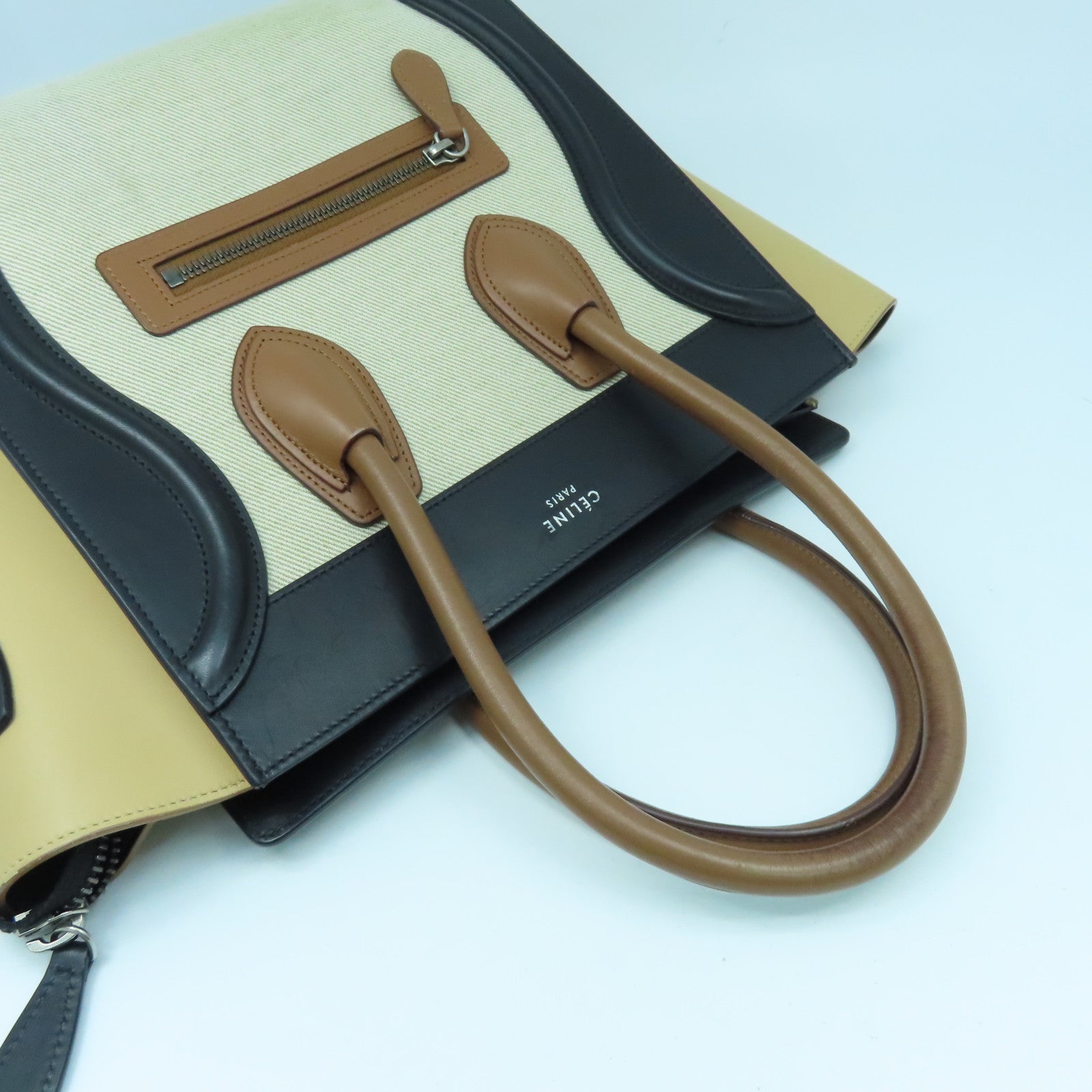 CELINE 牛皮皮革Micro Luggage銀扣手挽袋米色/黑色/啡色