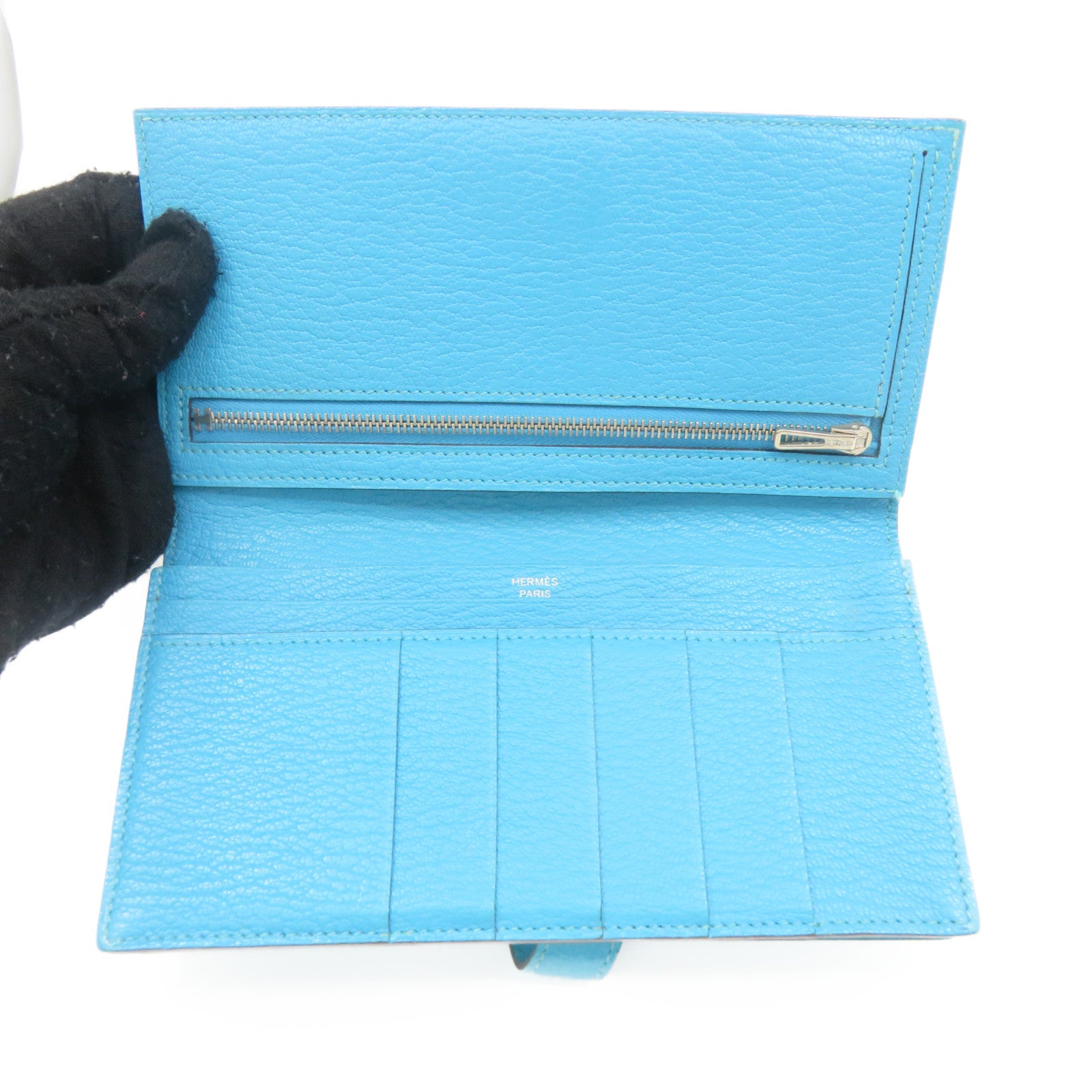 HERMES 【激減優惠】Chevre皮革Bearn Wallet銀扣長錢包Turquoise藍色