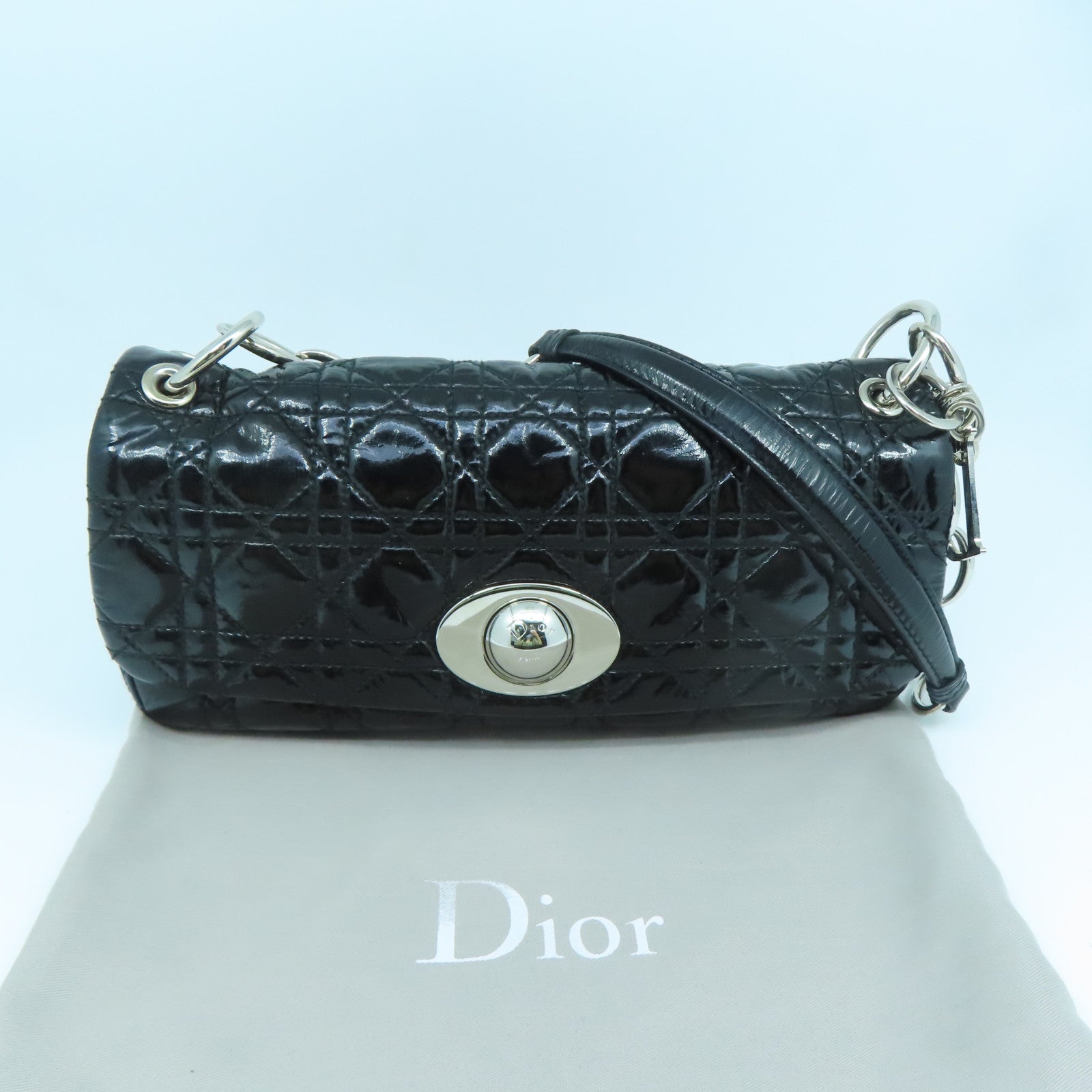 Dior 漆皮皮革Rendez-Vous Flap Bag银扣链带肩背袋黑色