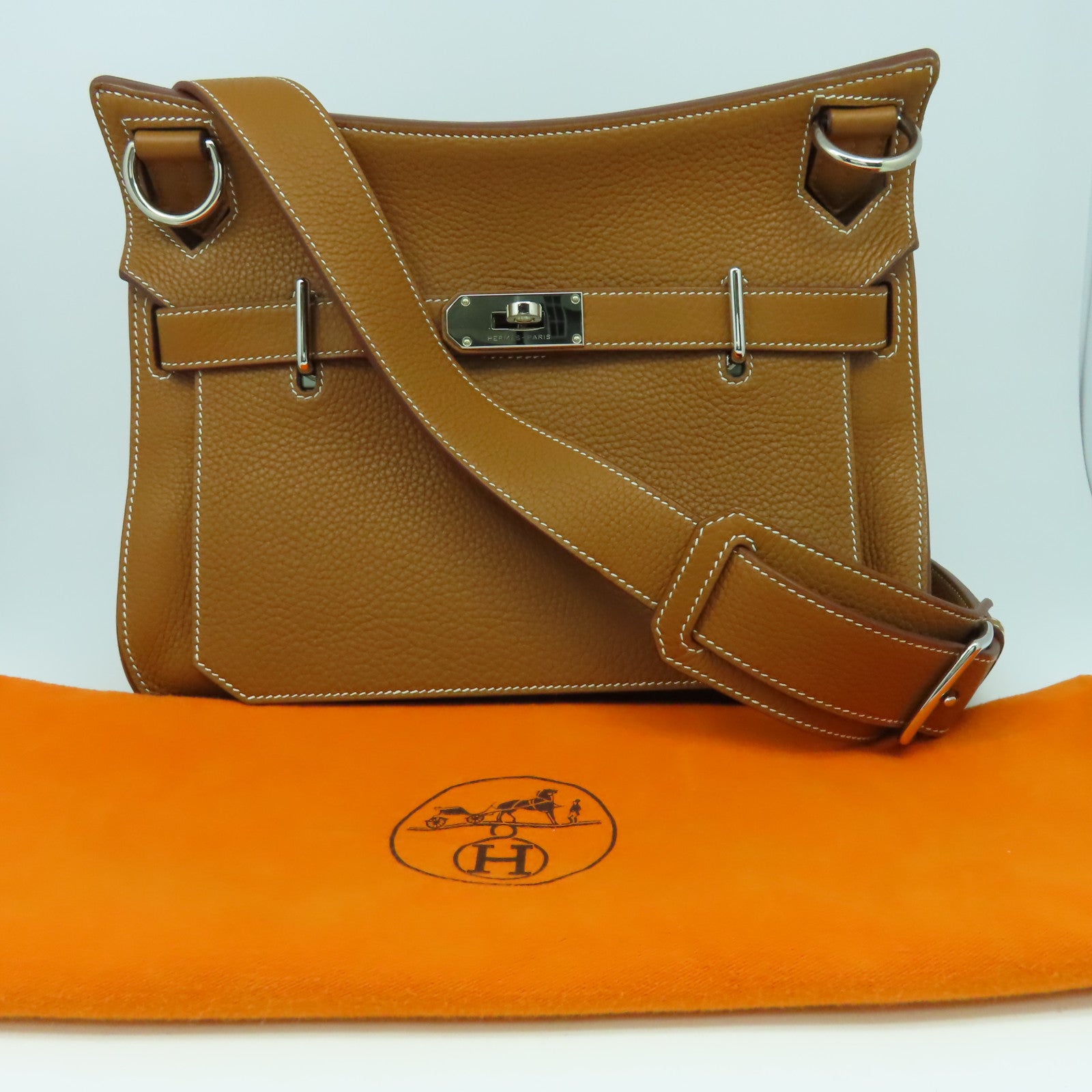 HERMES Clemence皮革Jypsiere 31銀扣肩背袋金色/經典駝色