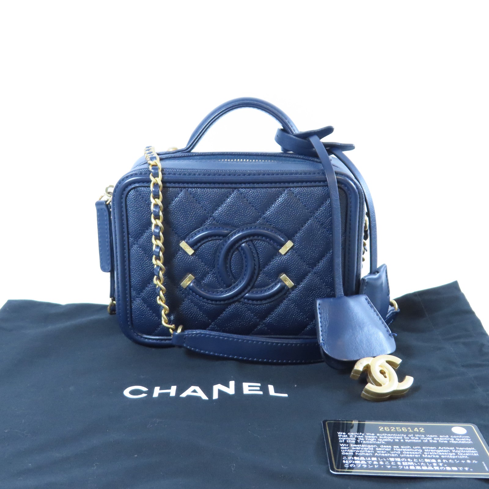 CHANEL 菱格Caviar皮革Vanity Case金扣手挽肩背兩用袋深藍色
