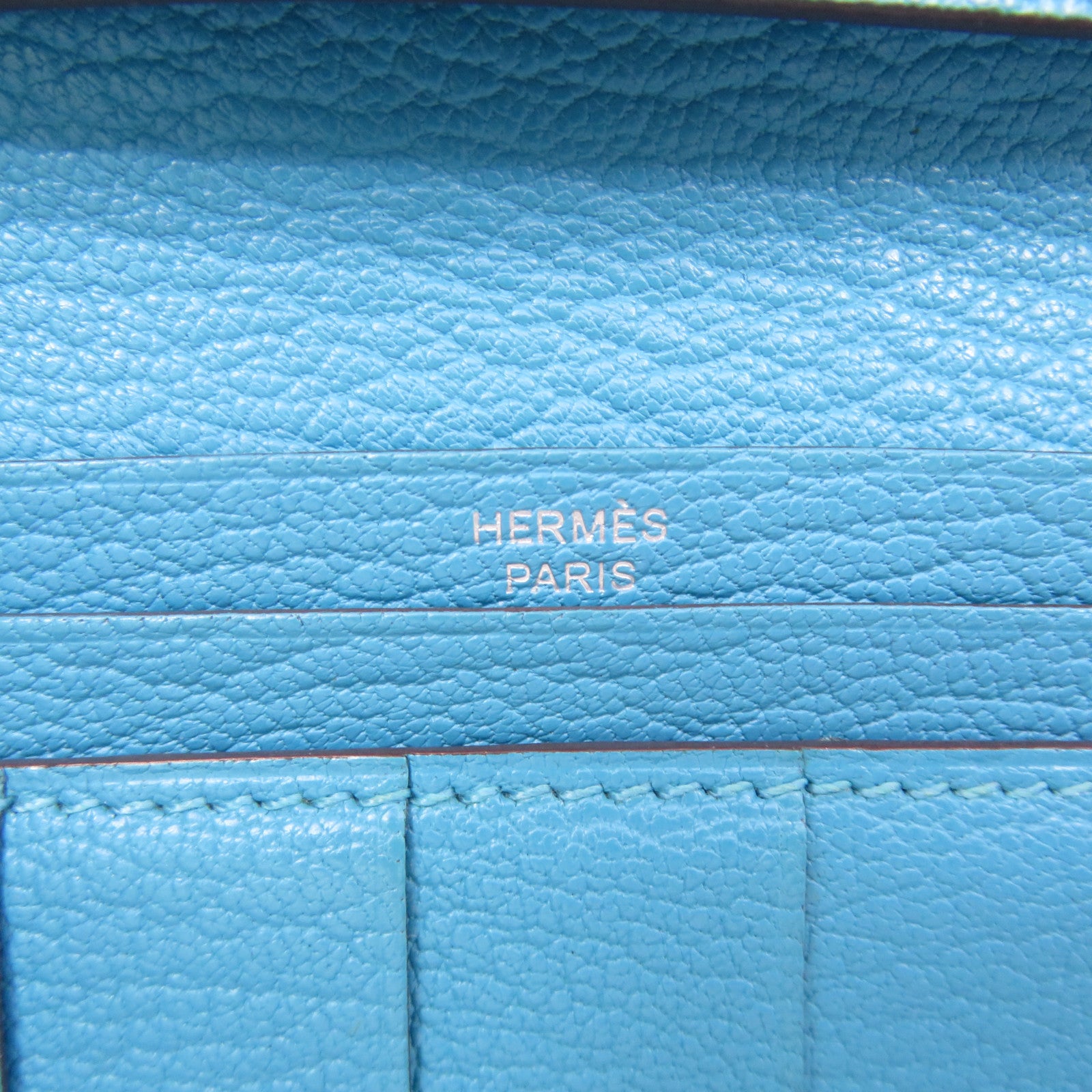 HERMES 【激減優惠】Chevre皮革Bearn Wallet銀扣長錢包Turquoise藍色