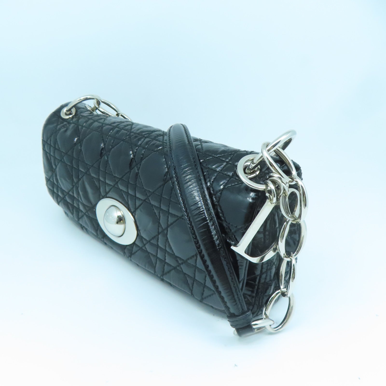 Dior 漆皮皮革Rendez-Vous Flap Bag银扣链带肩背袋黑色