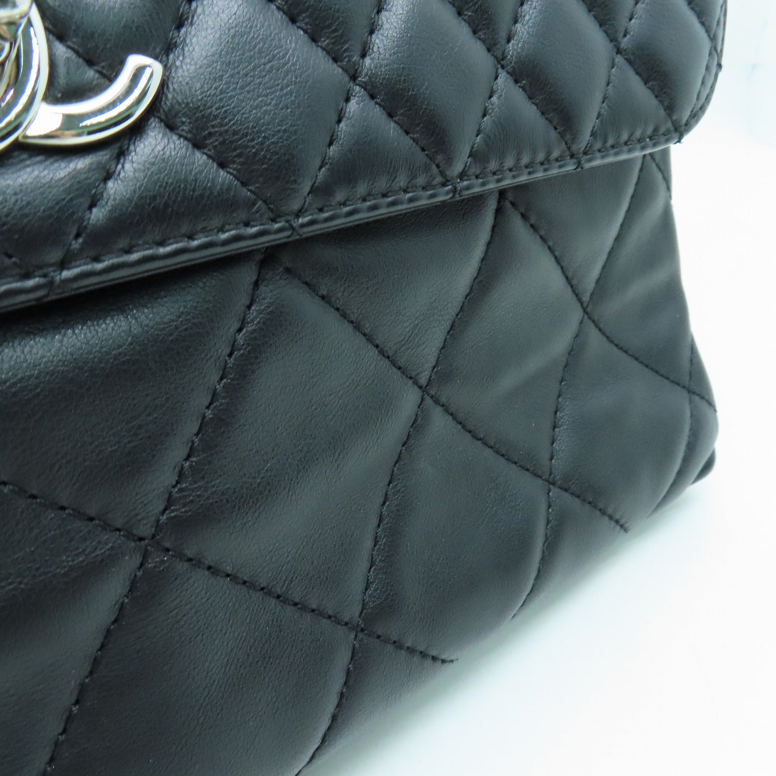 CHANEL 菱格羊皮皮革Shoulder Bag银扣链带手挽肩背两用袋黑色