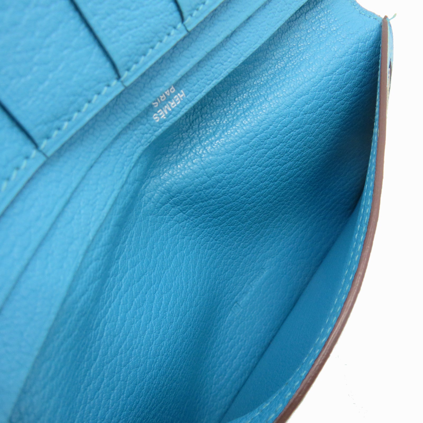 HERMES 【激減優惠】Chevre皮革Bearn Wallet銀扣長錢包Turquoise藍色