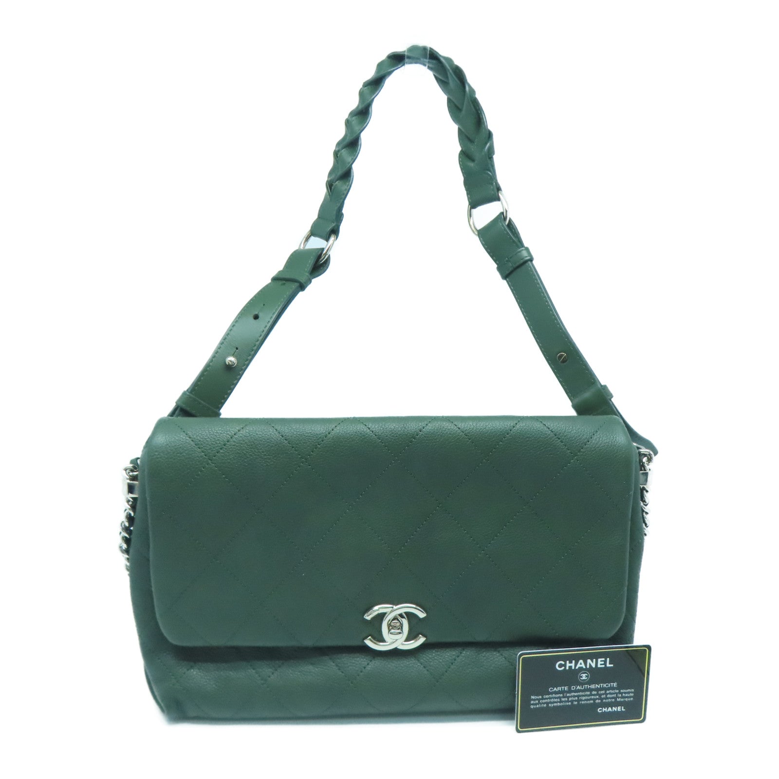 CHANEL 菱格牛皮皮革Shoulder Bag银扣肩背袋绿色
