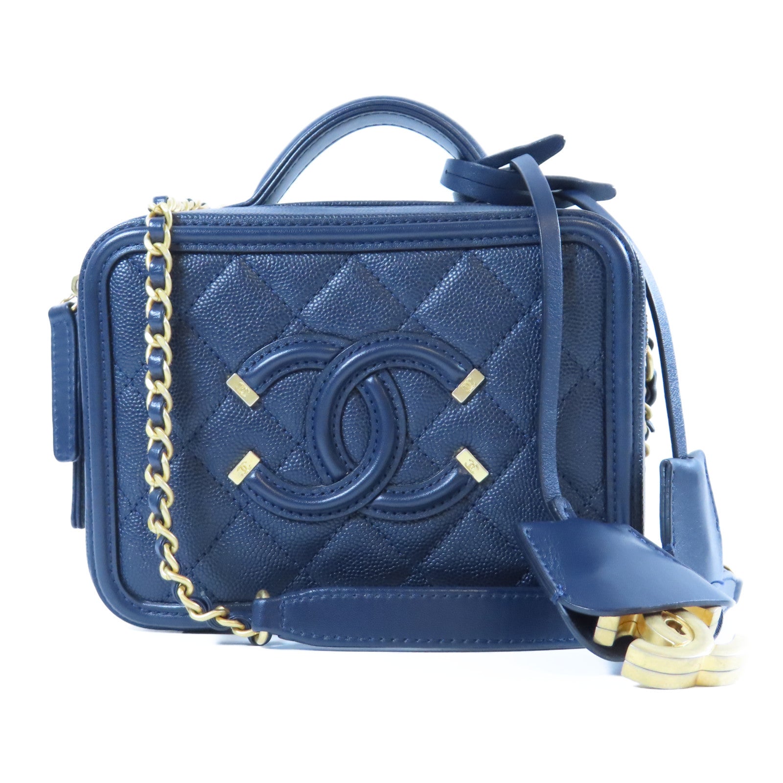 CHANEL 菱格Caviar皮革Vanity Case金扣手挽肩背兩用袋深藍色