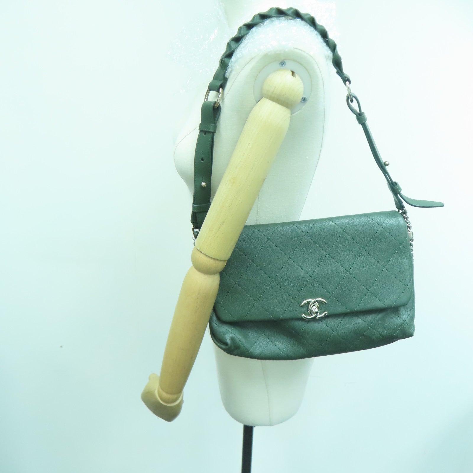 CHANEL 菱格牛皮皮革Shoulder Bag银扣肩背袋绿色