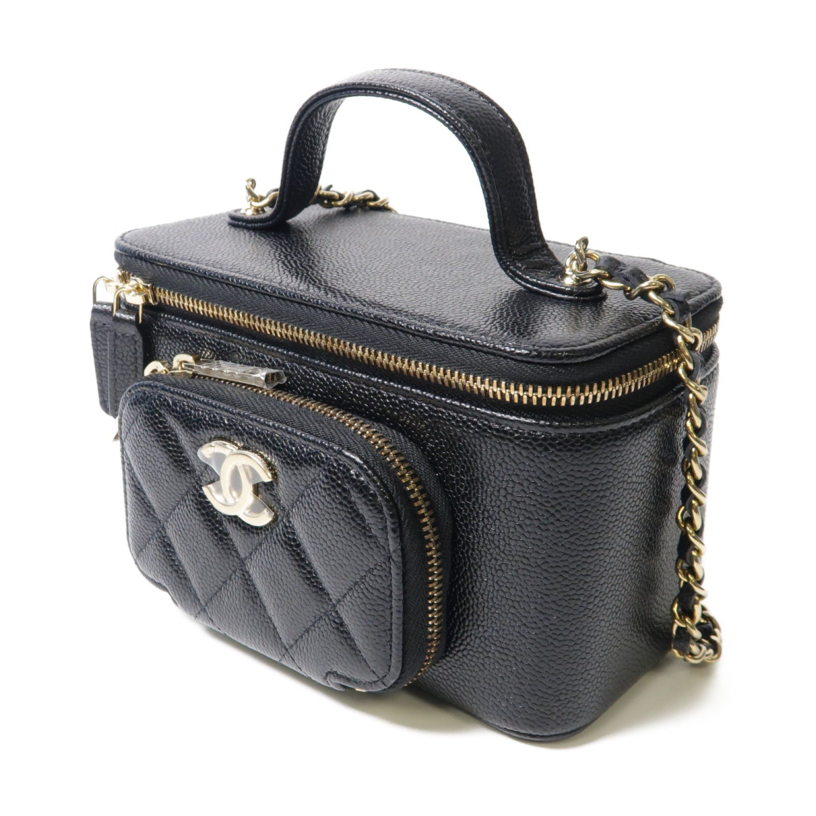 CHANEL Caviar皮革Vanity Case金扣手挽肩背兩用袋黑色