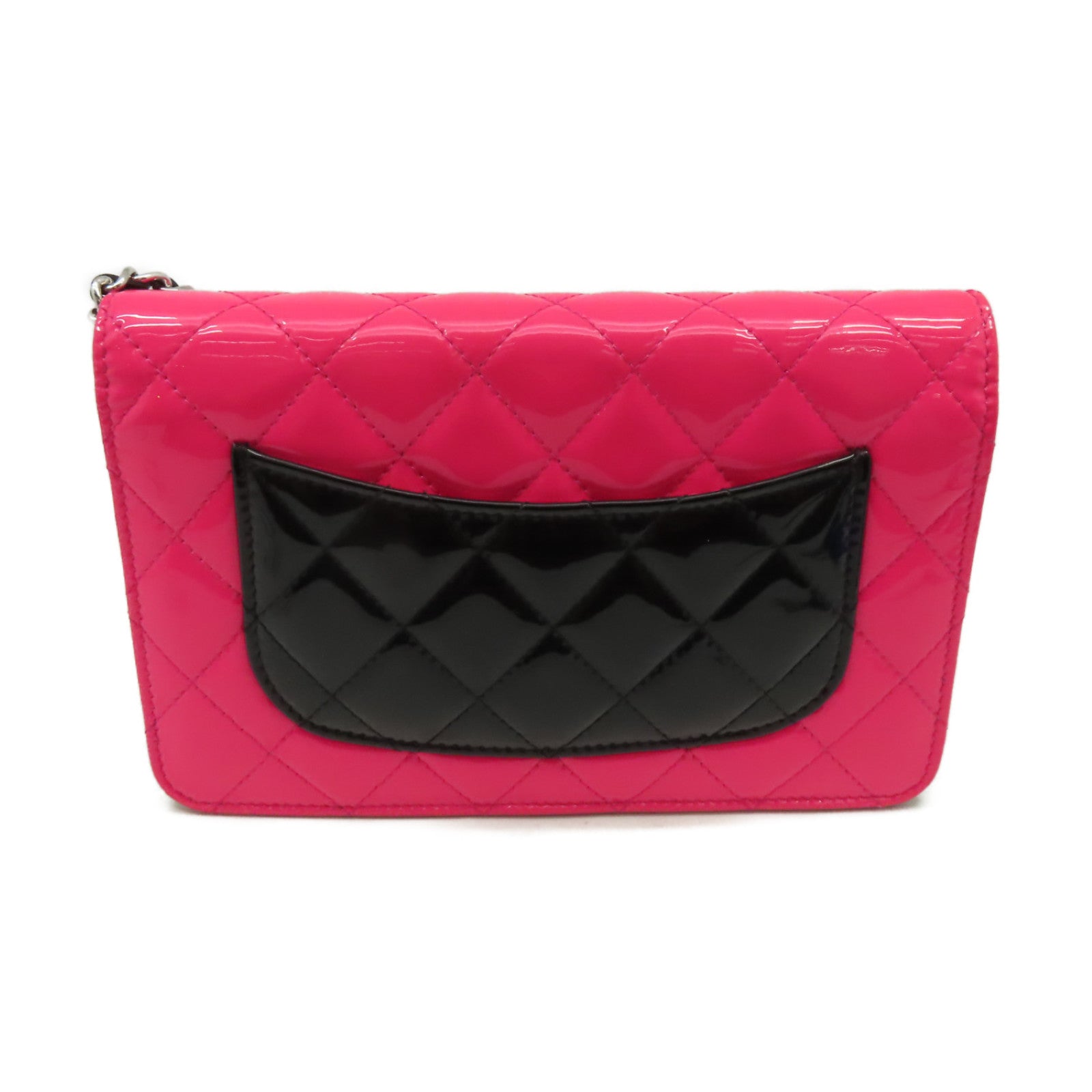 CHANEL 菱格漆皮皮革WOC Wallet On Chain Shoulder Bag銀扣鏈帶肩背袋粉紅色/黑色