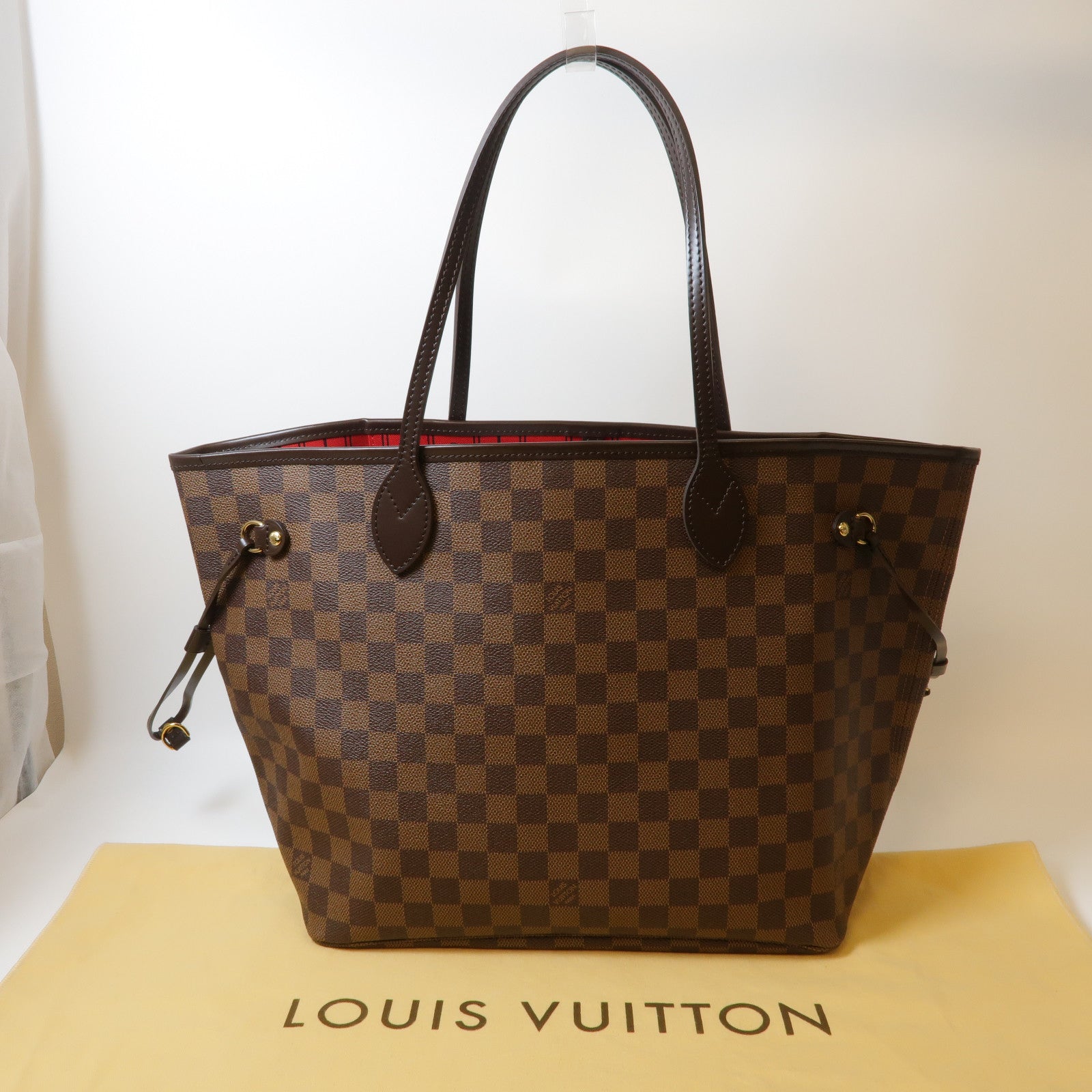 LOUIS VUITTON Damier Neverfull MM金扣手挽袋啡色/紅色