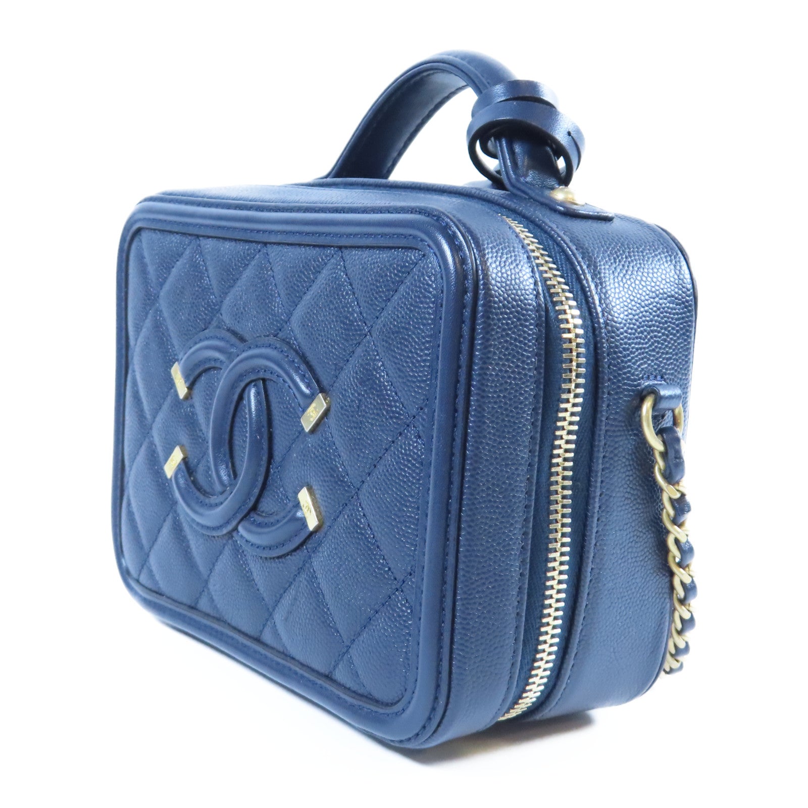 CHANEL 菱格Caviar皮革Vanity Case金扣手挽肩背兩用袋深藍色