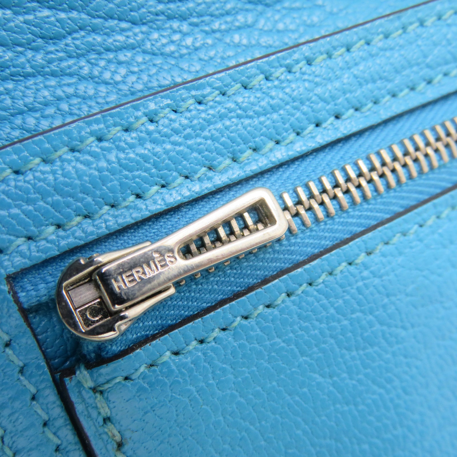 HERMES 【激減優惠】Chevre皮革Bearn Wallet銀扣長錢包Turquoise藍色