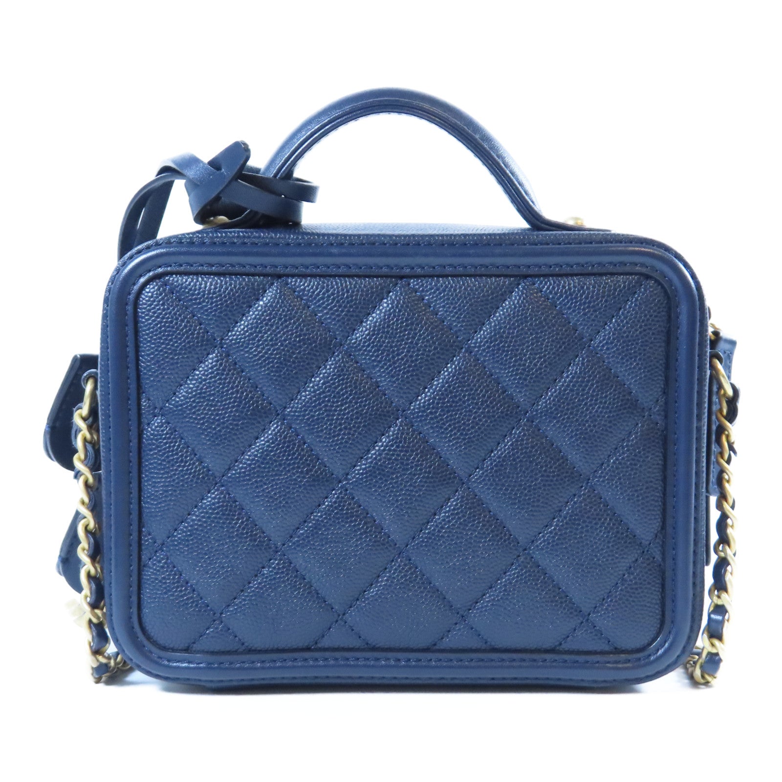 CHANEL 菱格Caviar皮革Vanity Case金扣手挽肩背兩用袋深藍色
