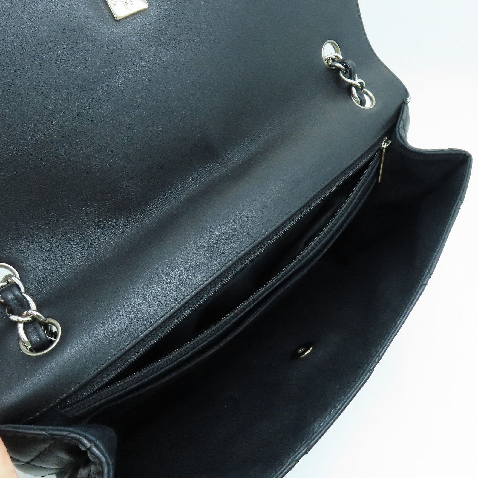 CHANEL 菱格羊皮皮革Shoulder Bag银扣链带手挽肩背两用袋黑色