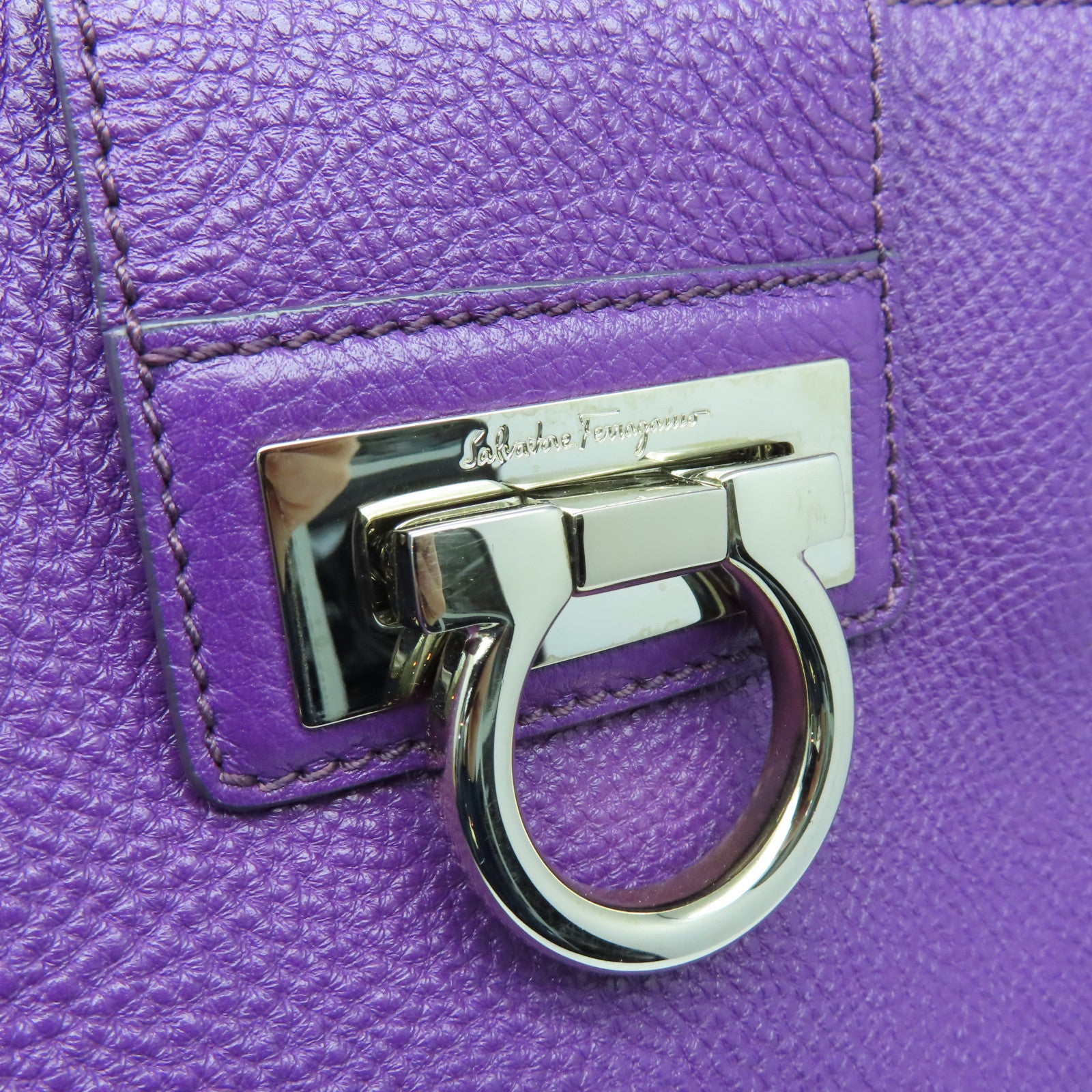 Salvatore Ferragamo cowhide leather Tote Bag silver buckle handle bag purple