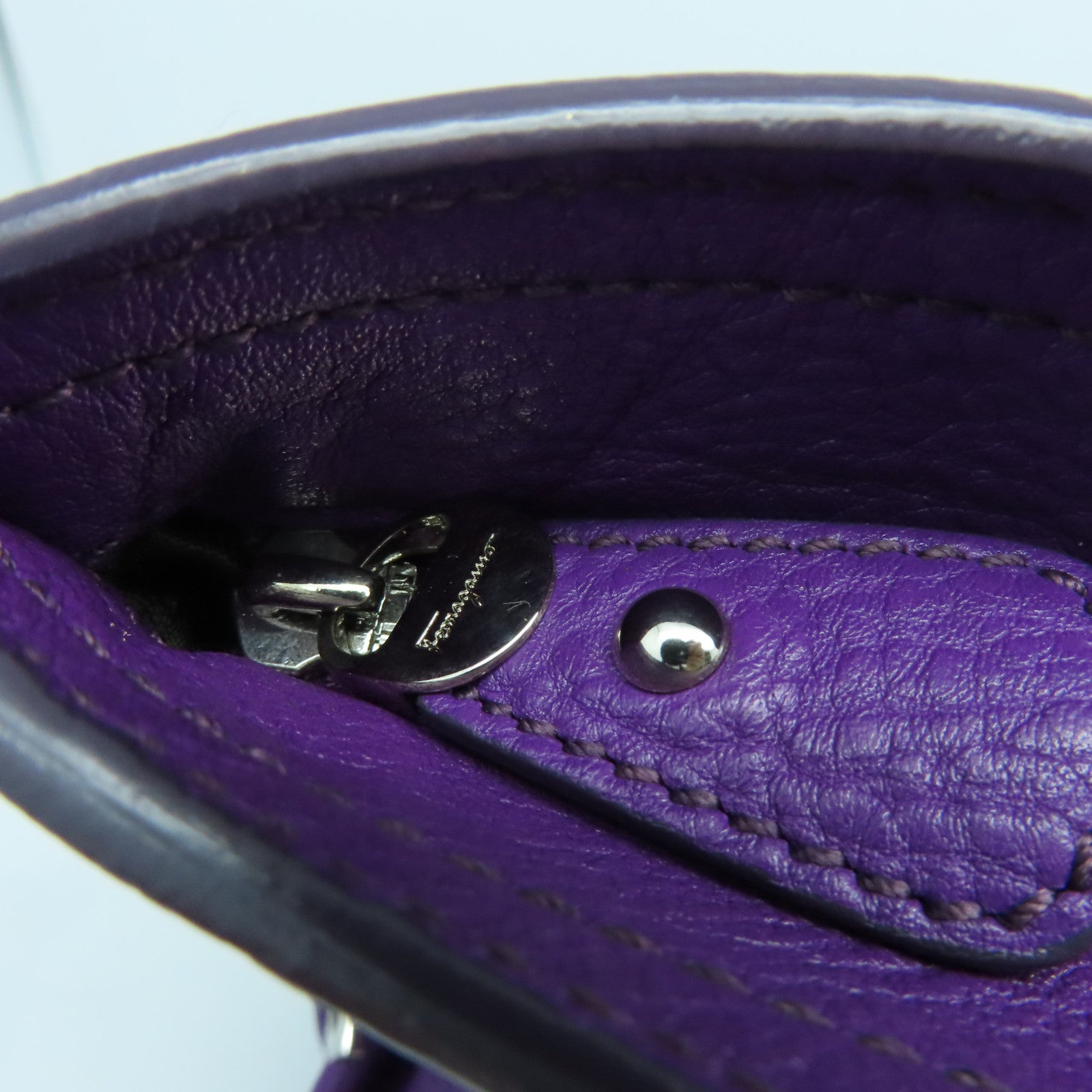 Salvatore Ferragamo cowhide leather Tote Bag silver buckle handle bag purple
