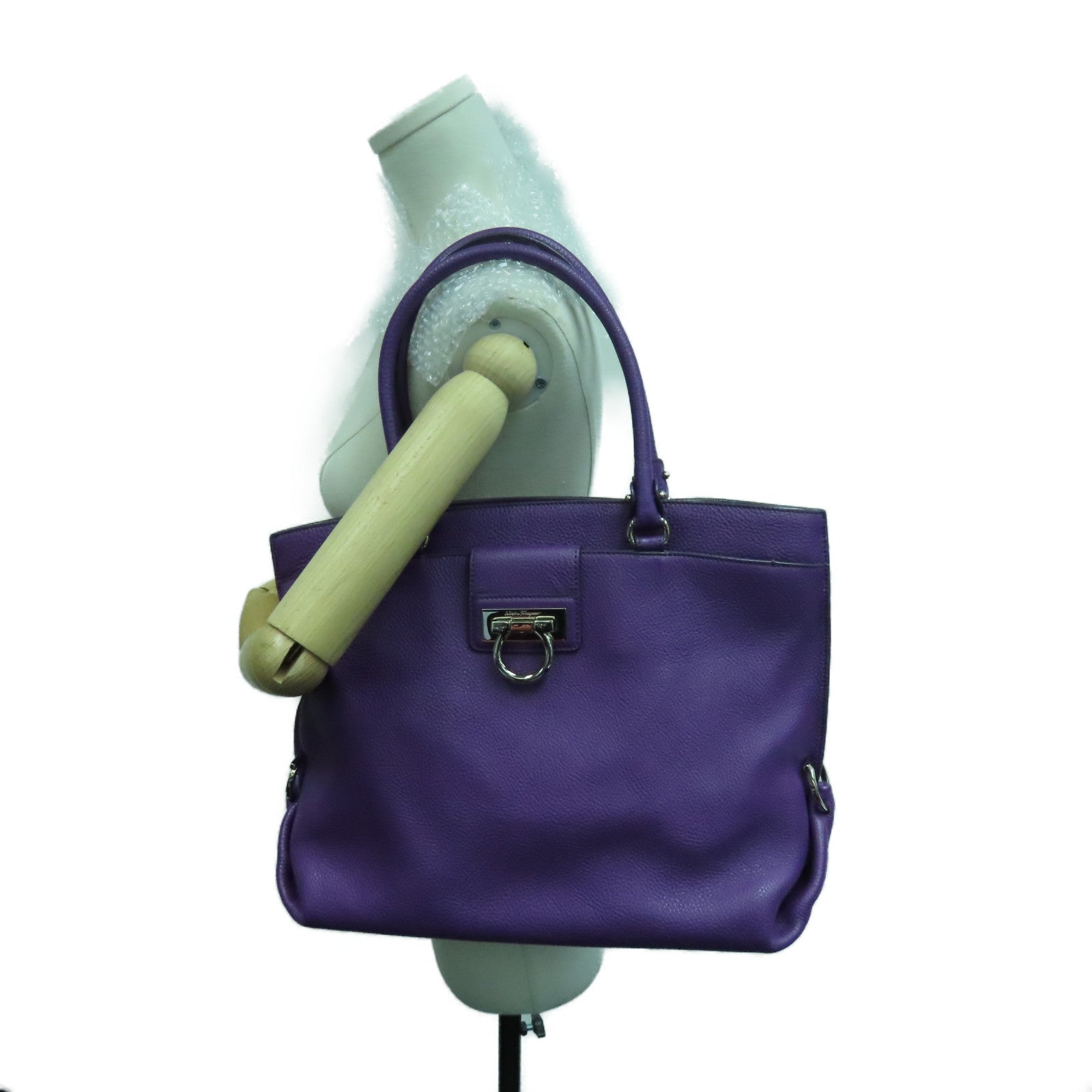Salvatore Ferragamo cowhide leather Tote Bag silver buckle handle bag purple