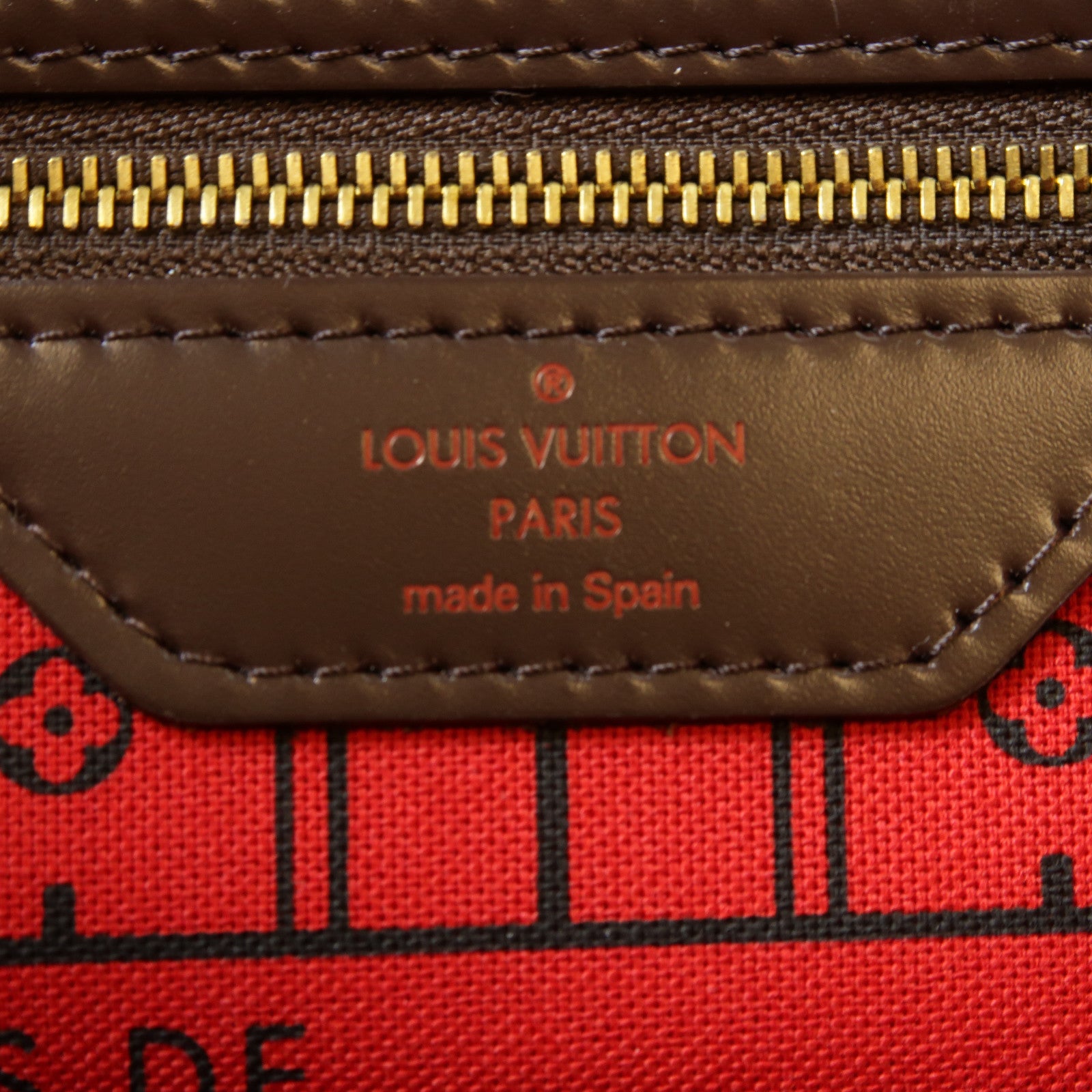 LOUIS VUITTON Damier Neverfull MM金扣手挽袋啡色/紅色