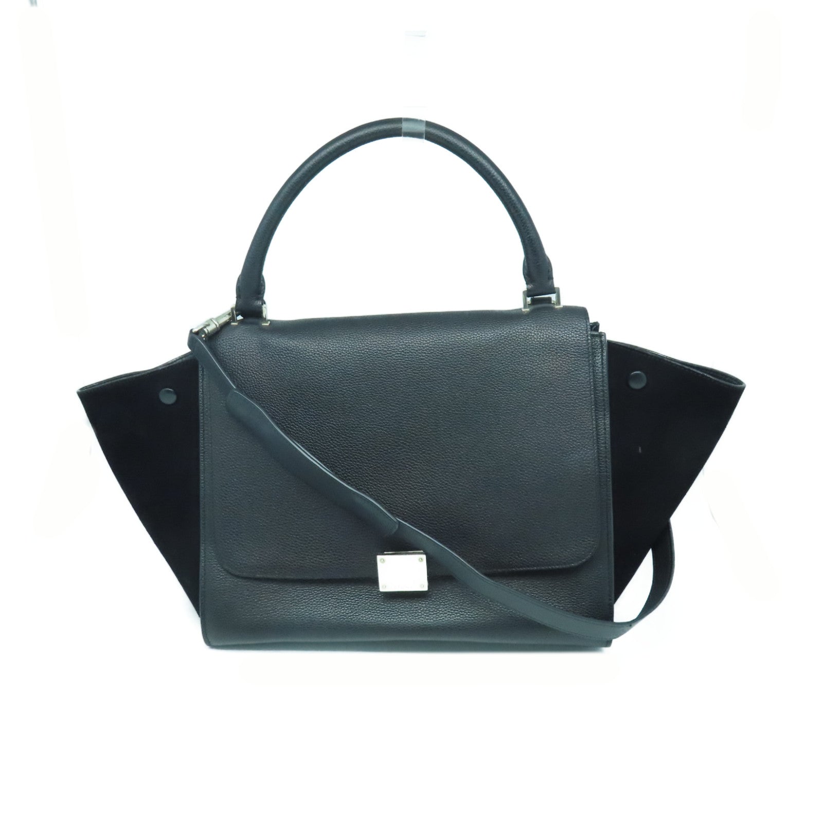 CELINE 麂皮/牛皮皮革Trapeze銀扣手挽肩背兩用袋黑色