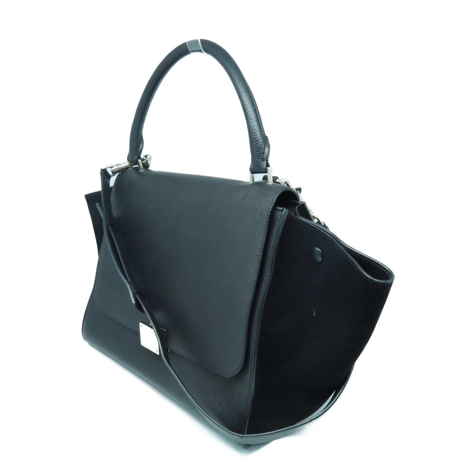 CELINE 麂皮/牛皮皮革Trapeze銀扣手挽肩背兩用袋黑色