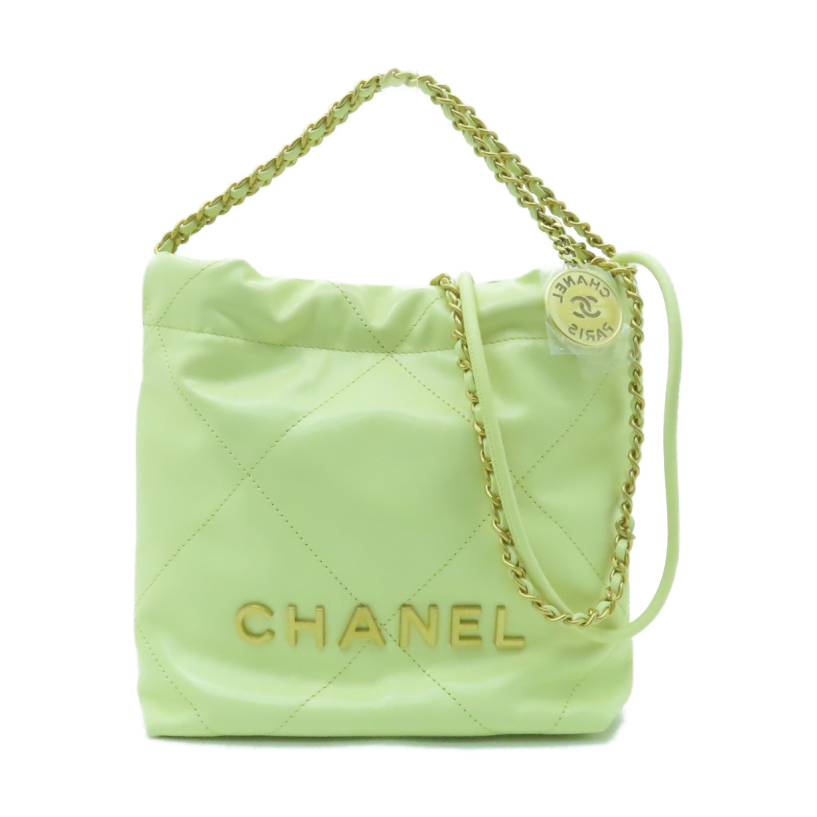 CHANEL 菱格羊皮皮革Chanel 22 Mini金扣鏈帶手挽肩背兩用袋黃色