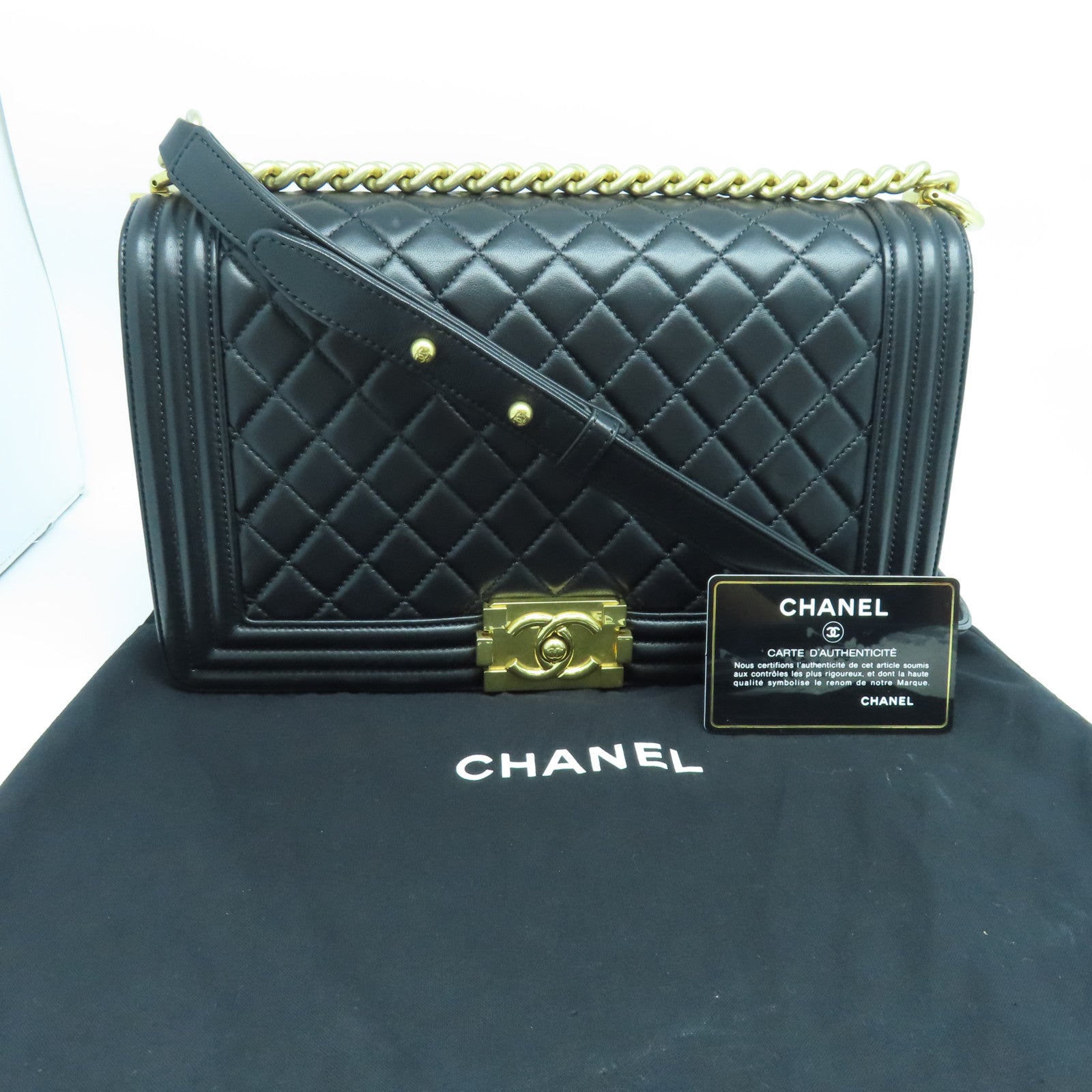 CHANEL rhombic sheepskin leather Boy gold buckle shoulder bag black