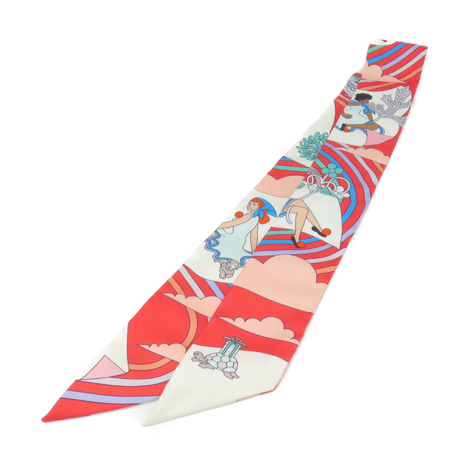 HERMES 絲質Twilly Scarf絲巾桃紅色/淺藍色/彩色