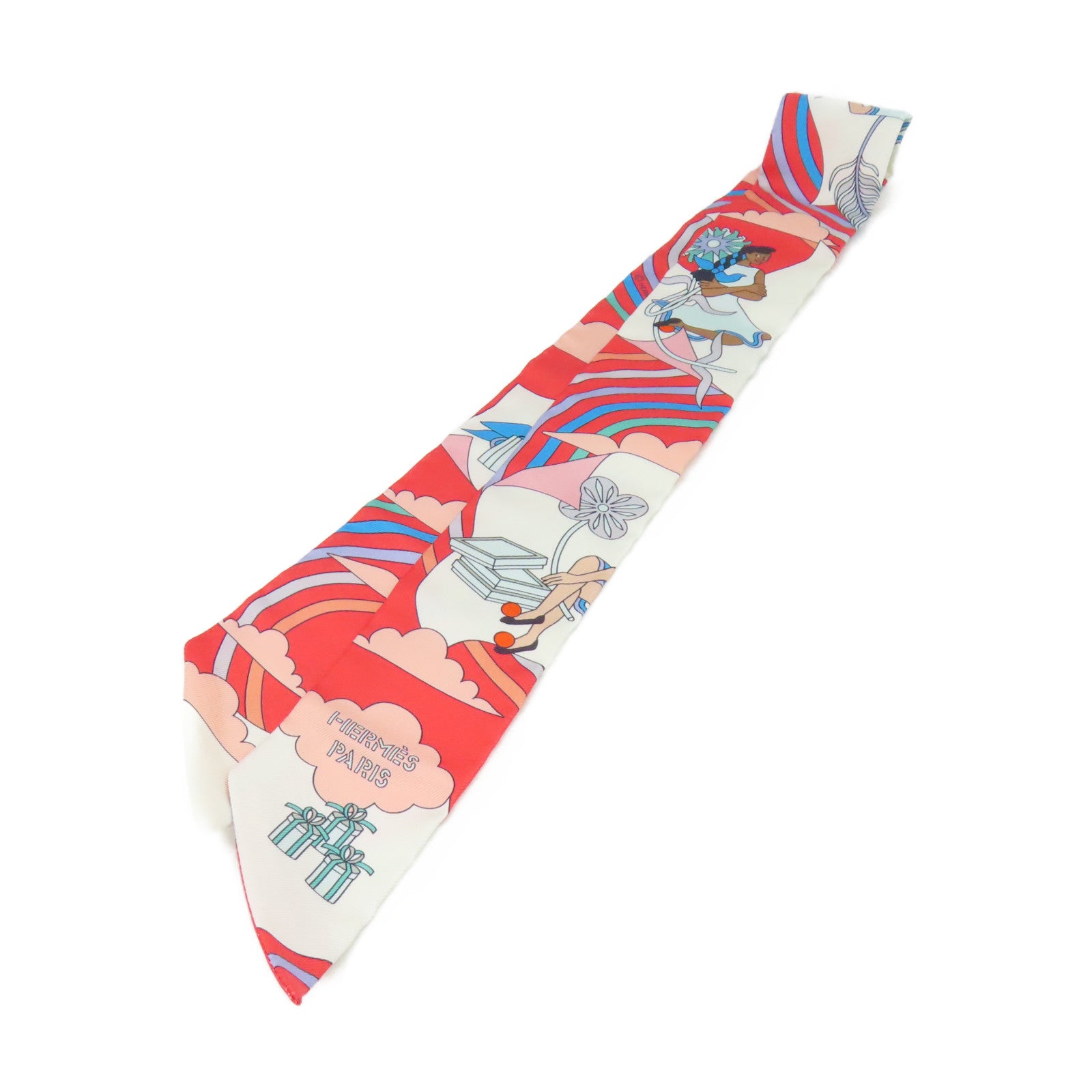 HERMES 絲質Twilly Scarf絲巾桃紅色/淺藍色/彩色