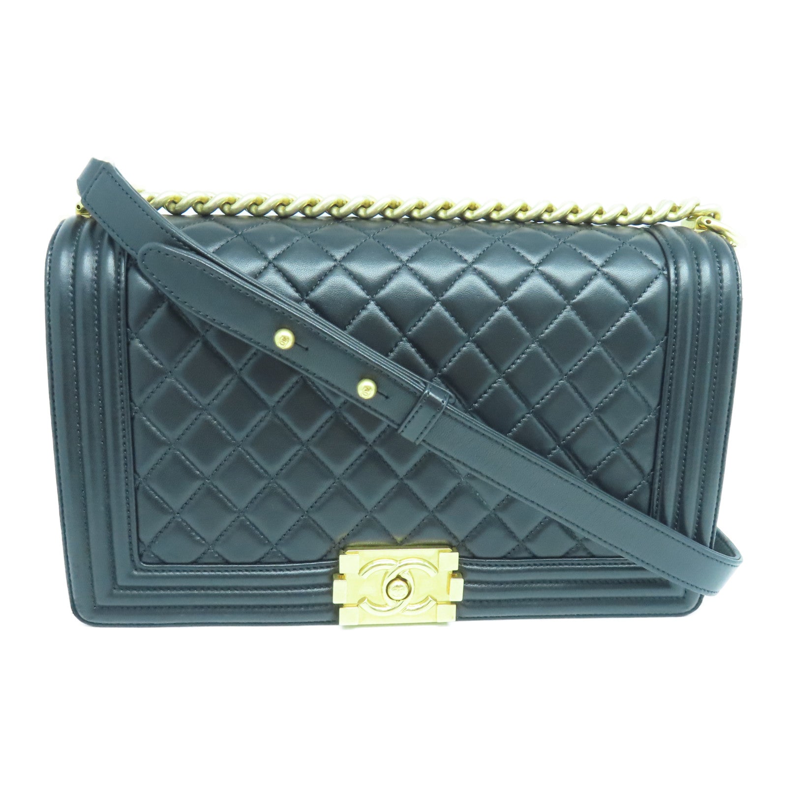 CHANEL rhombic sheepskin leather Boy gold buckle shoulder bag black