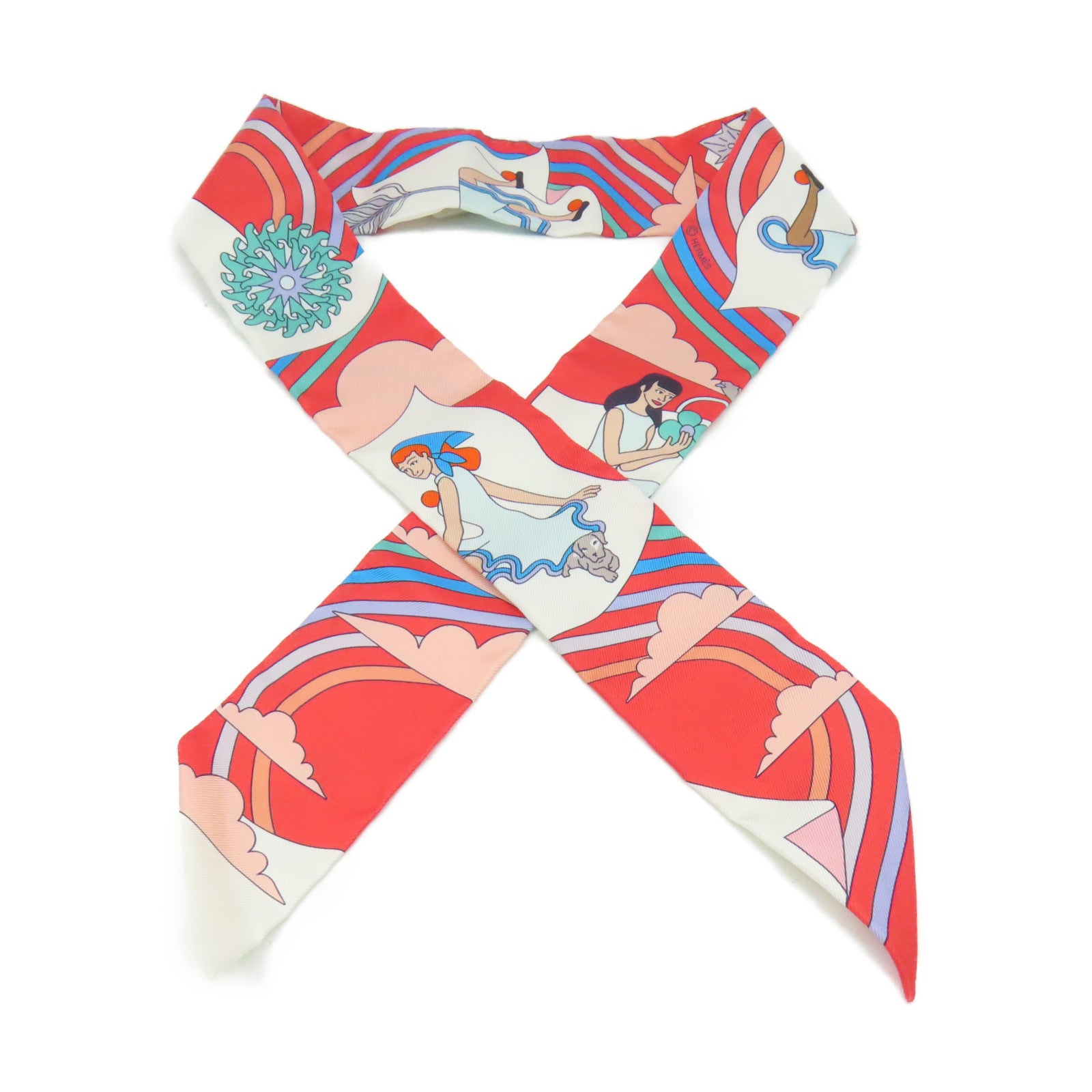 HERMES 絲質Twilly Scarf絲巾桃紅色/淺藍色/彩色