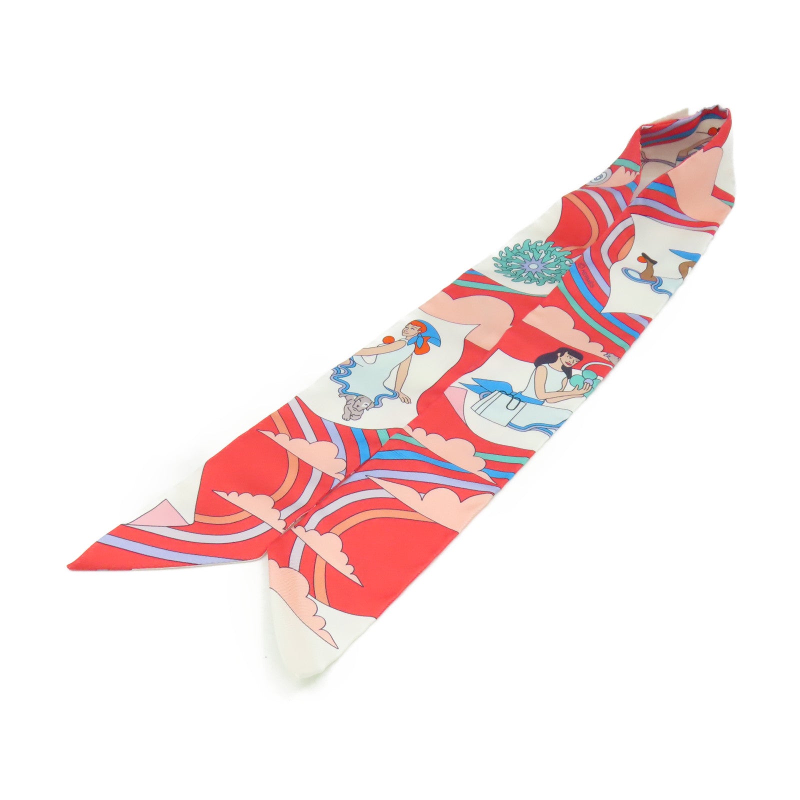 HERMES 絲質Twilly Scarf絲巾桃紅色/淺藍色/彩色