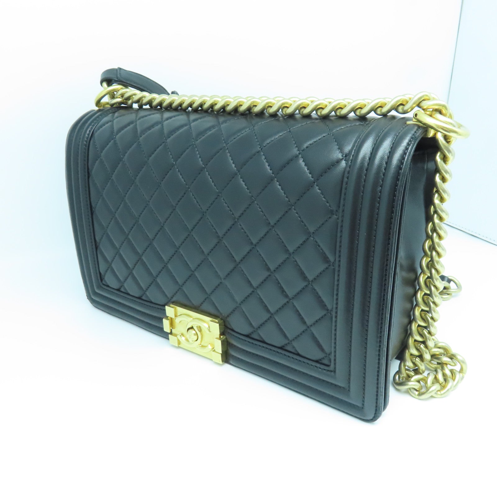 CHANEL rhombic sheepskin leather Boy gold buckle shoulder bag black