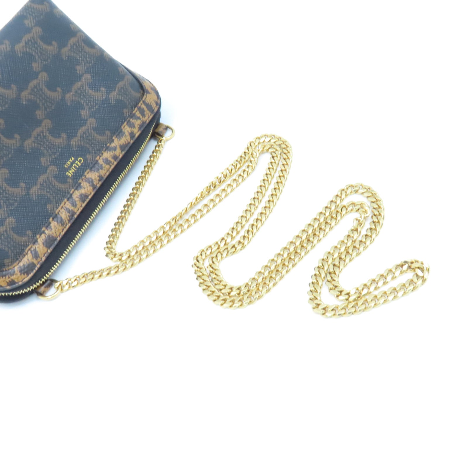 CELINE Triomphe帆布Chain Shoulder Bag金扣鏈帶肩背袋啡色