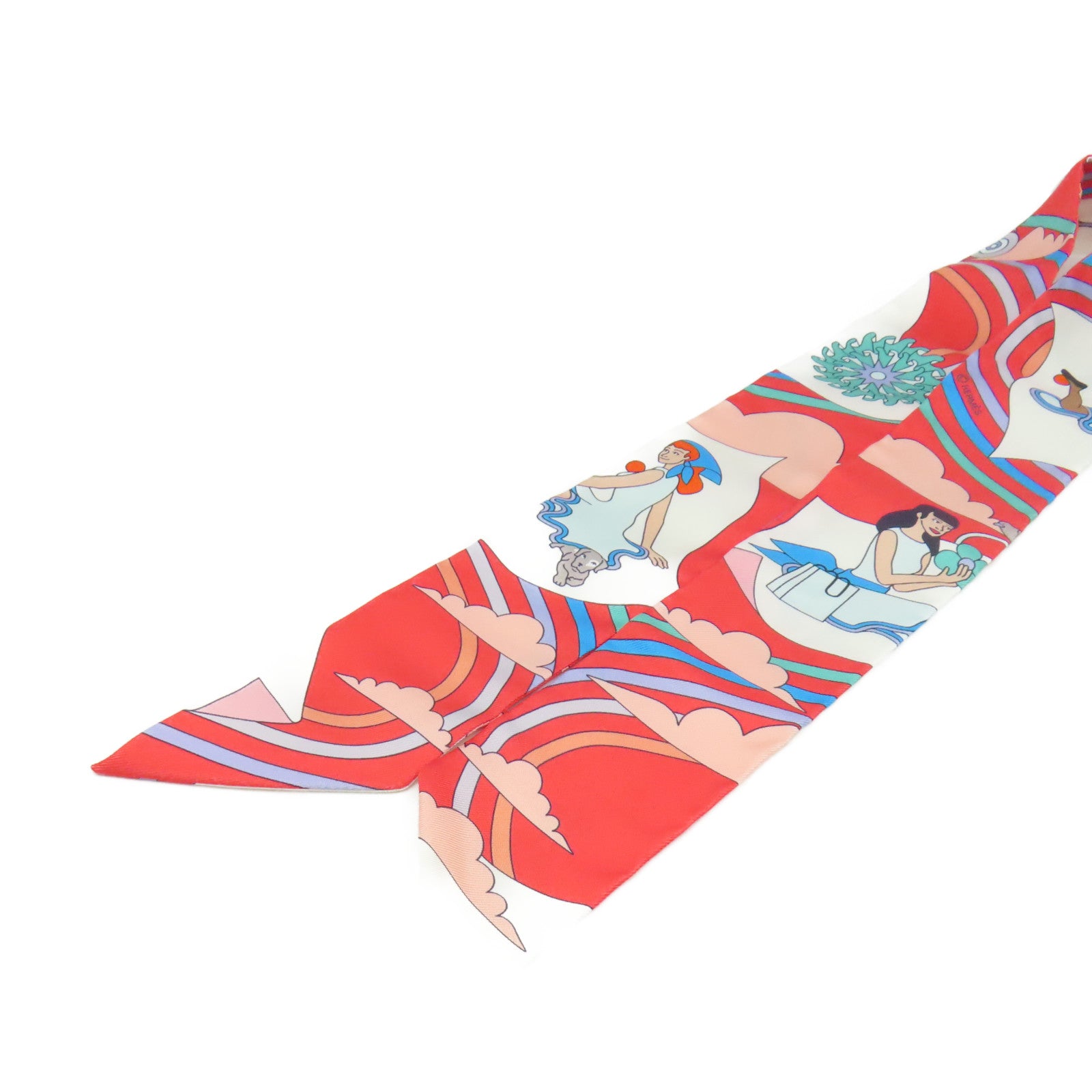 HERMES 絲質Twilly Scarf絲巾桃紅色/淺藍色/彩色