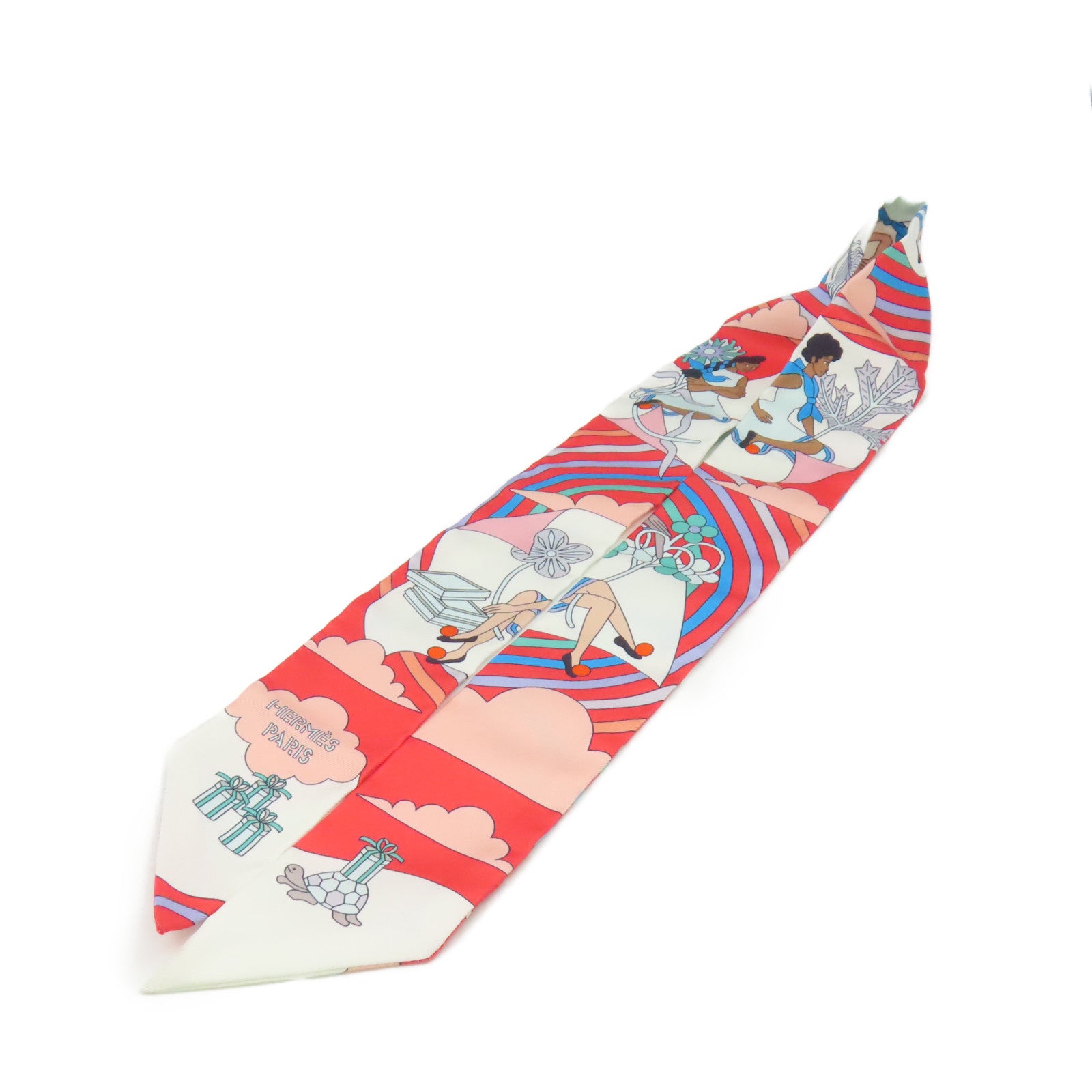 HERMES 絲質Twilly Scarf絲巾桃紅色/淺藍色/彩色