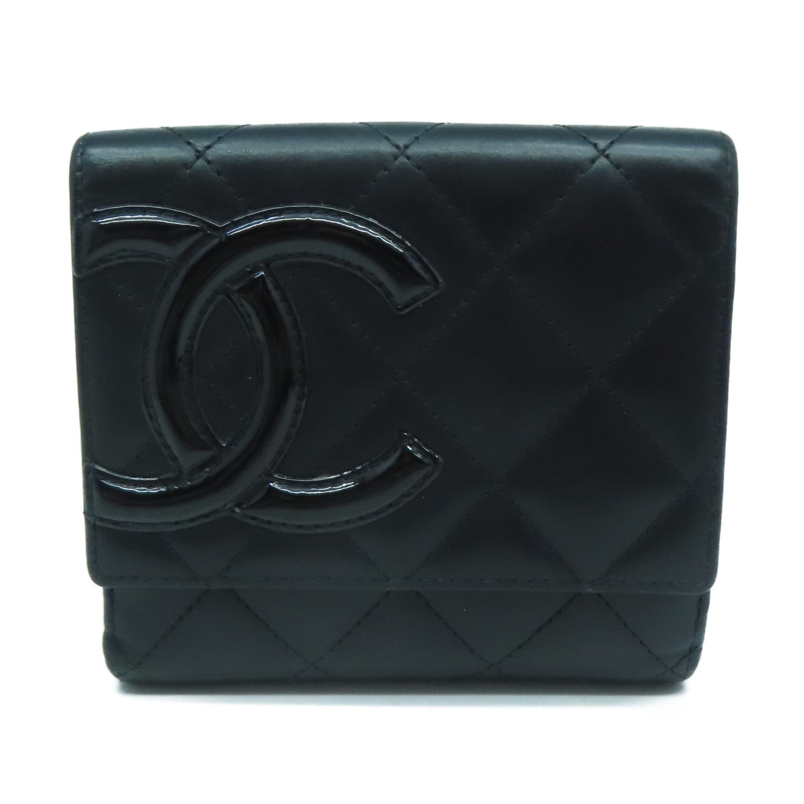 CHANEL 菱格牛皮皮革Cambon Line Wallet銀扣錢包黑色